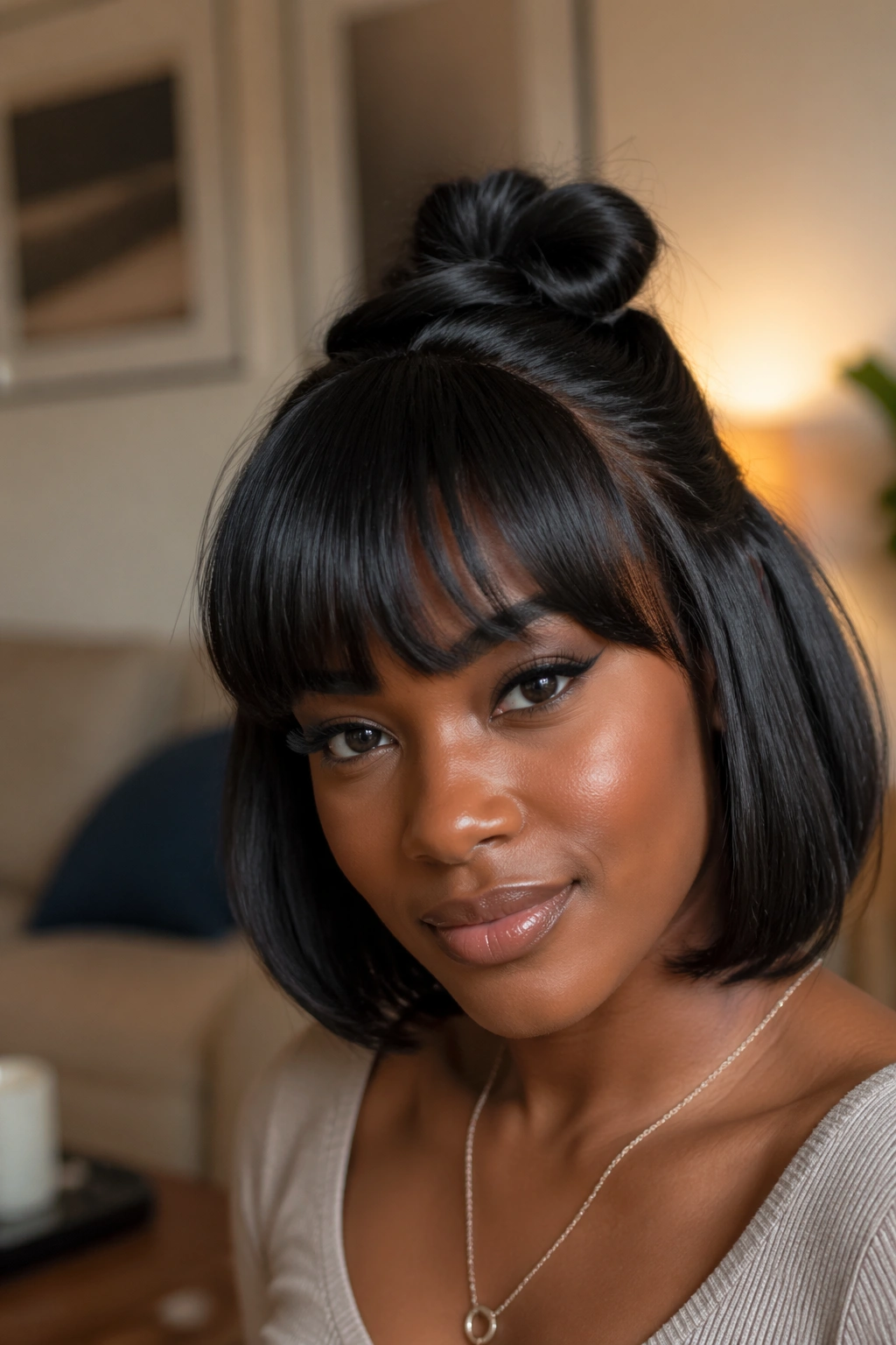Close-up of a real Black woman with a knotted half-up hairstyle and rounded bangs.