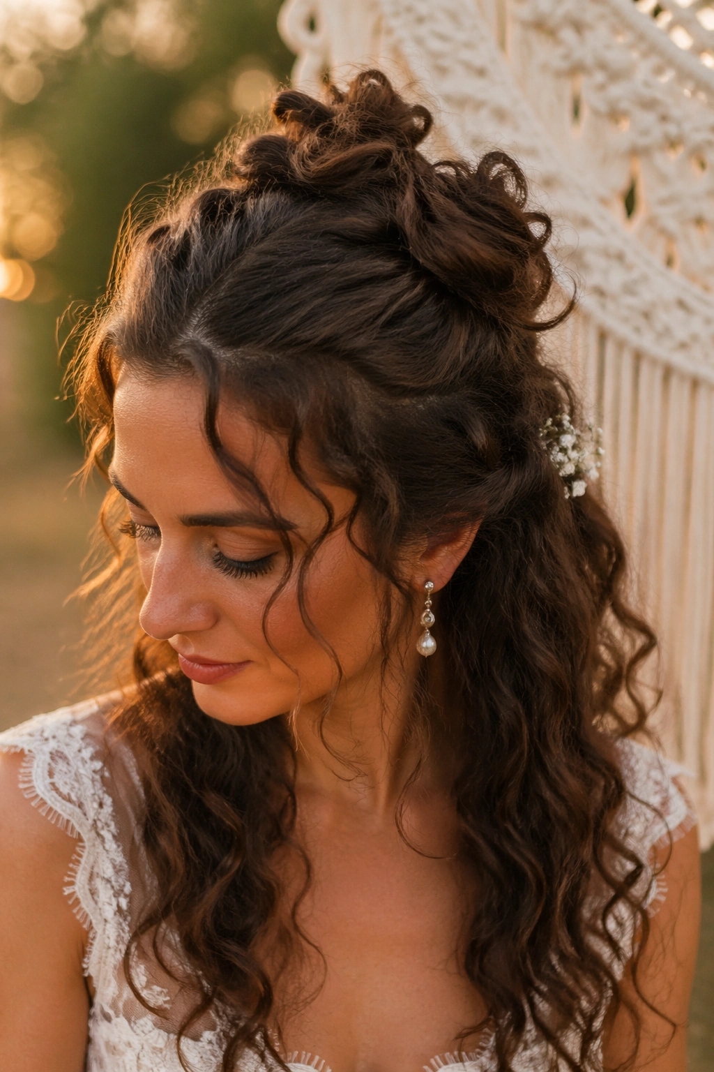 Close-up of a real bride with two loose knots in the crown for boho texture