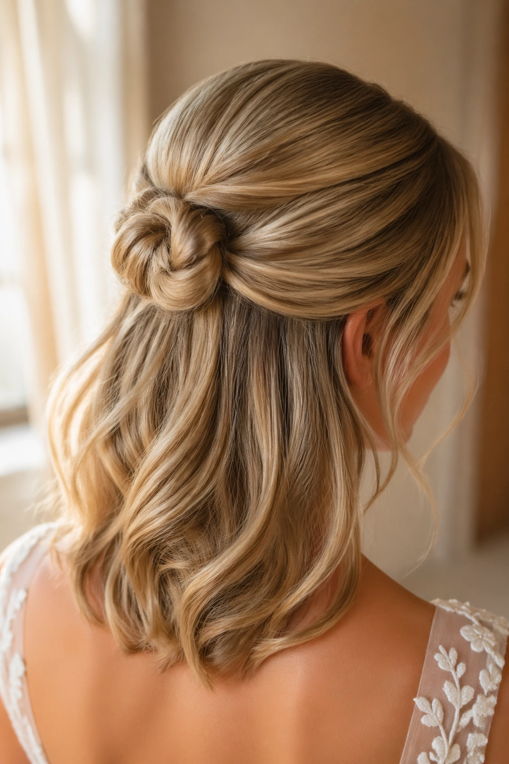 Close-up of a bride's knotted half-up crown with smooth crown and soft waves