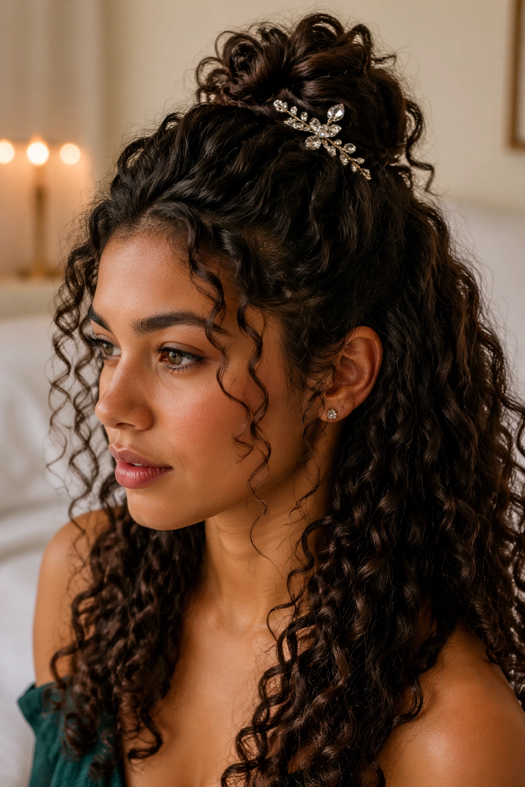 Close-up of a real woman with knotted half-up hairstyle and crystal pin in soft window light.