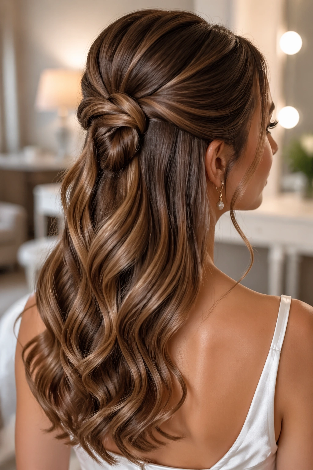 Portrait of a real woman with a knotted half-up hairstyle and glossy waves in warm bridal lighting