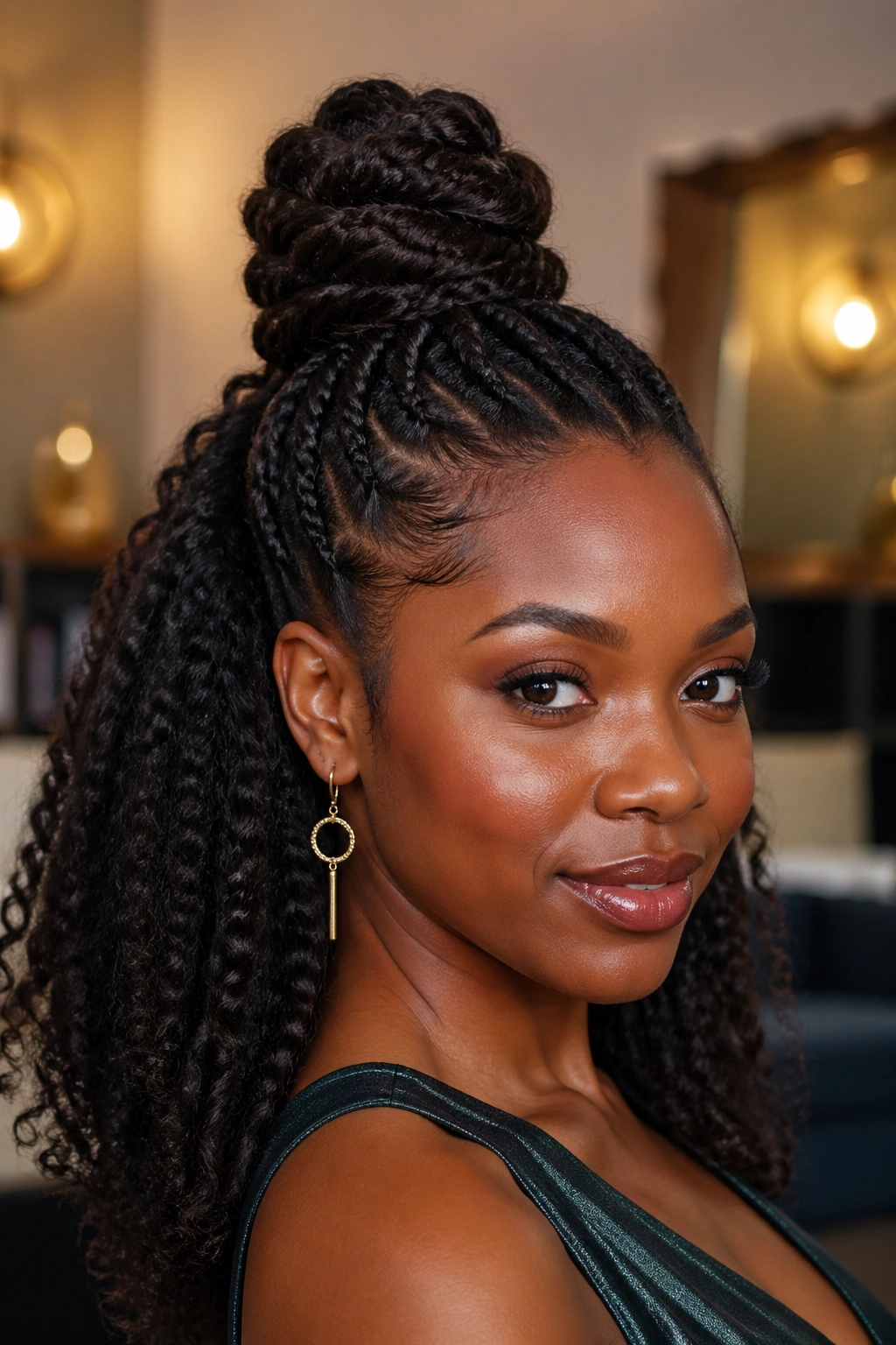 Close-up of a real woman wearing a knotted half-updo with upper knot at crown