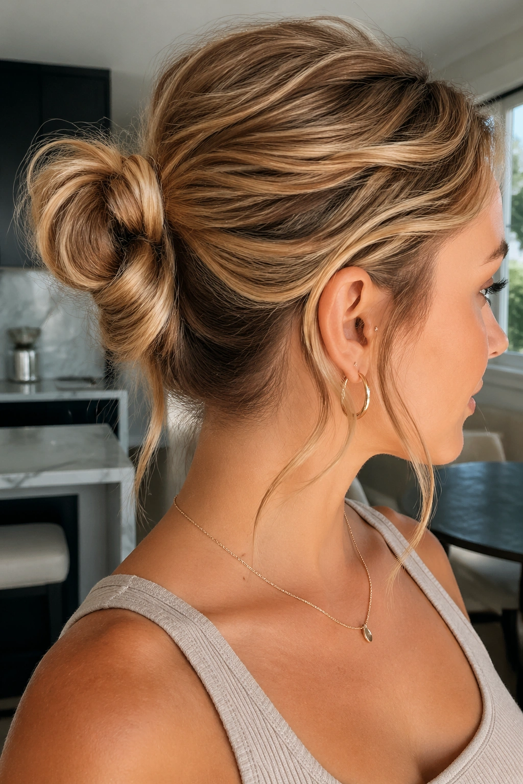 Close-up portrait of a real woman with a knotted loop ponytail.