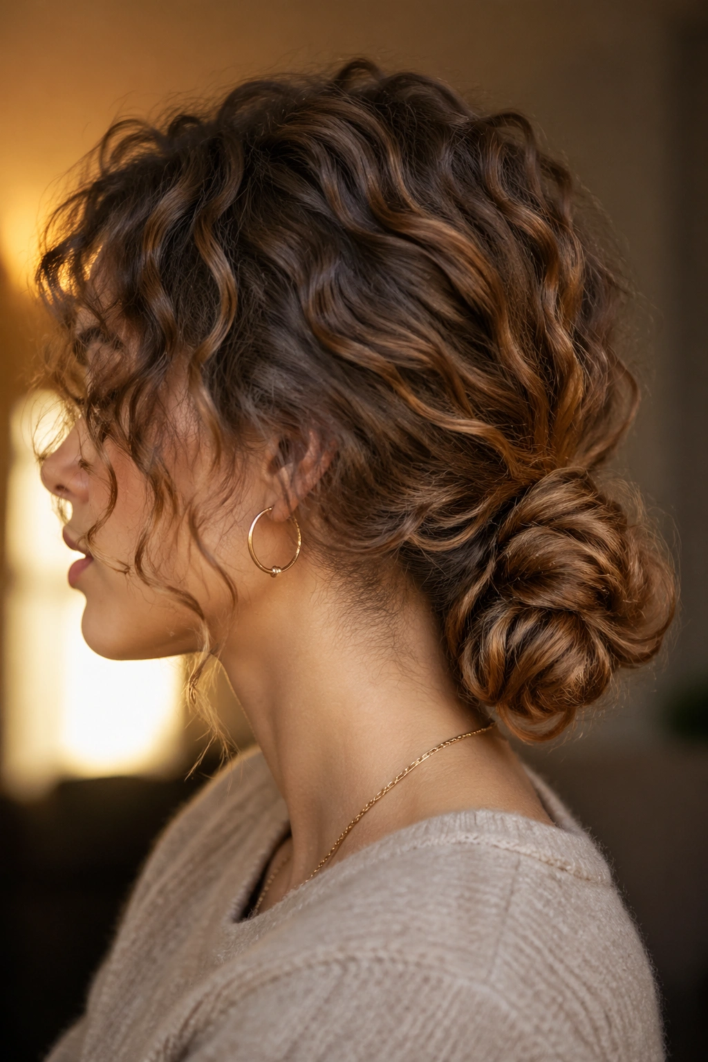 Close-up of a real person with a knotted low bun and textured curls