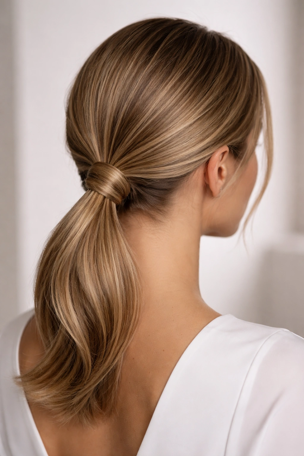 Close-up of a knotted low ponytail at the nape with a neat knot.