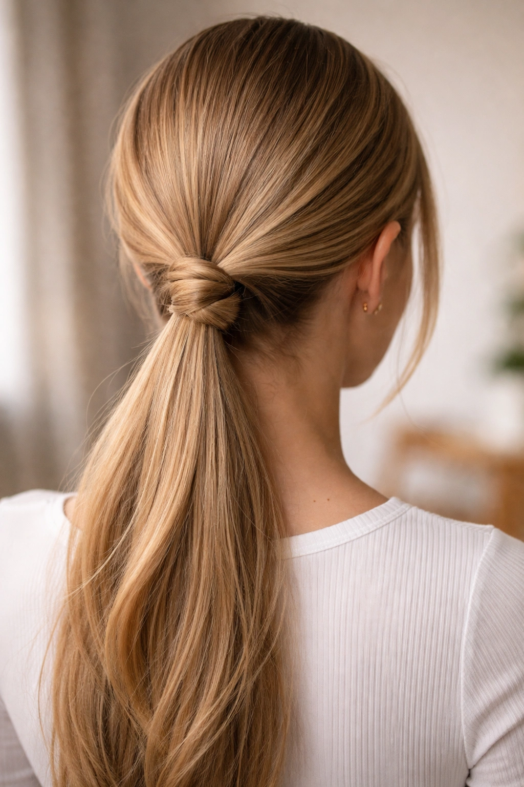 Back view of a sleek low ponytail knotted at the nape with a tiny elastic below
