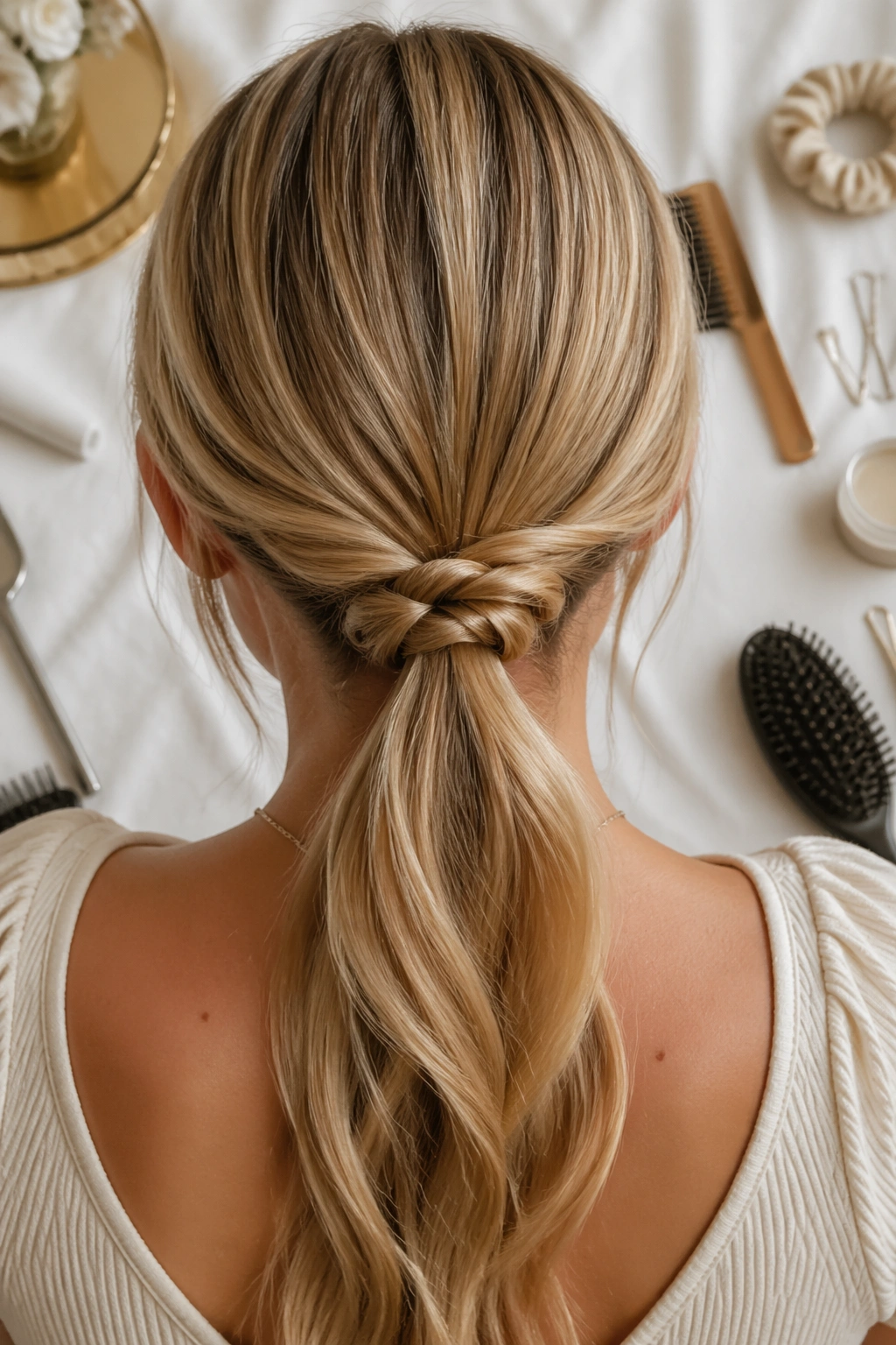 Knotted low ponytail with knot tucked beneath