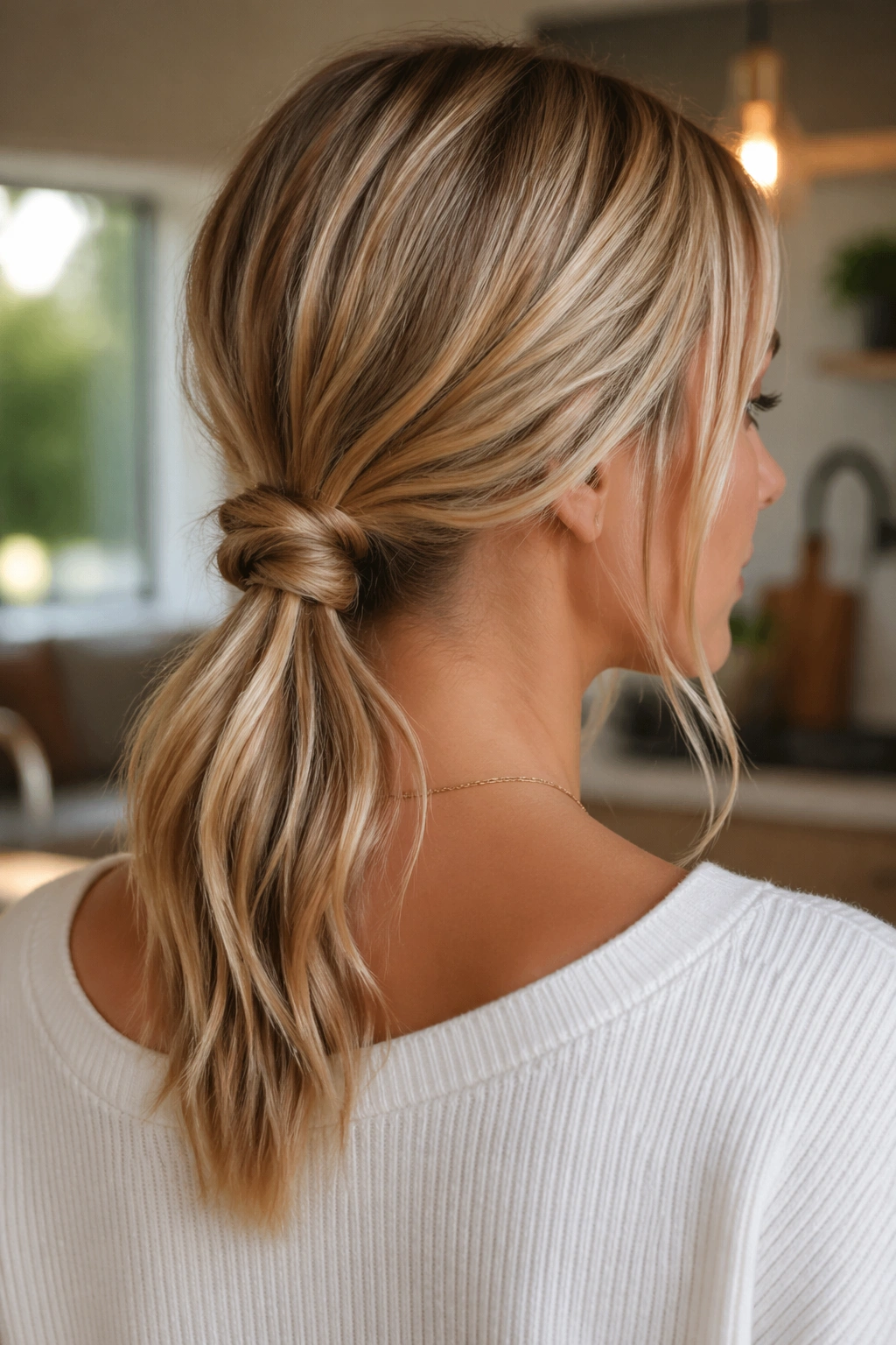 Close-up of a real woman with a knotted low ponytail at the nape
