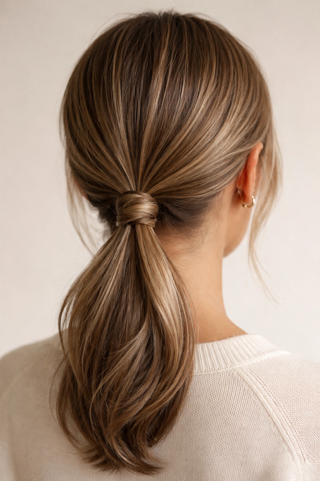 Back view of knotted low ponytail at the nape