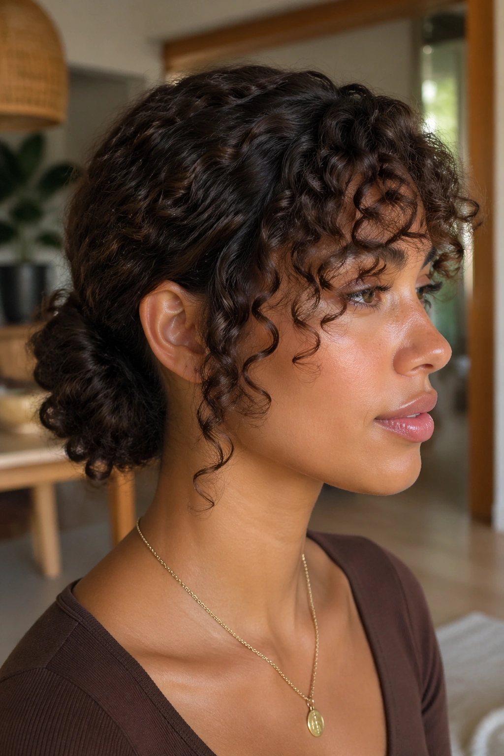 Close-up portrait of a real woman with knotted low puff and tapered bangs