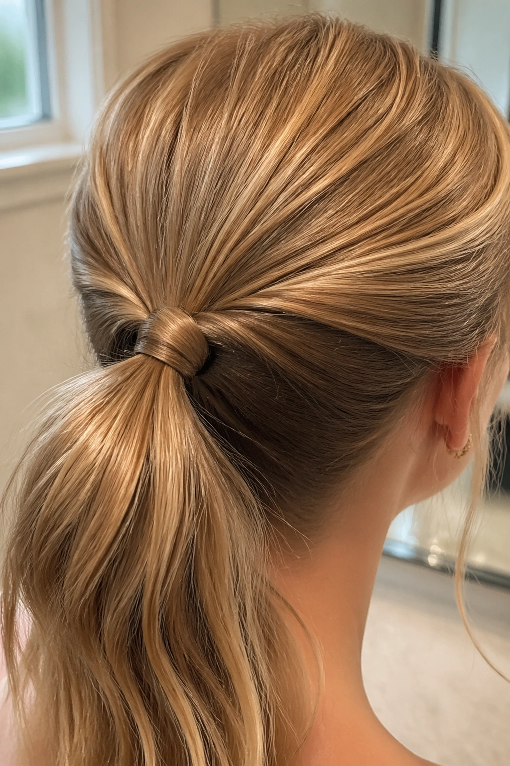 Close-up knotted mid ponytail on straight hair