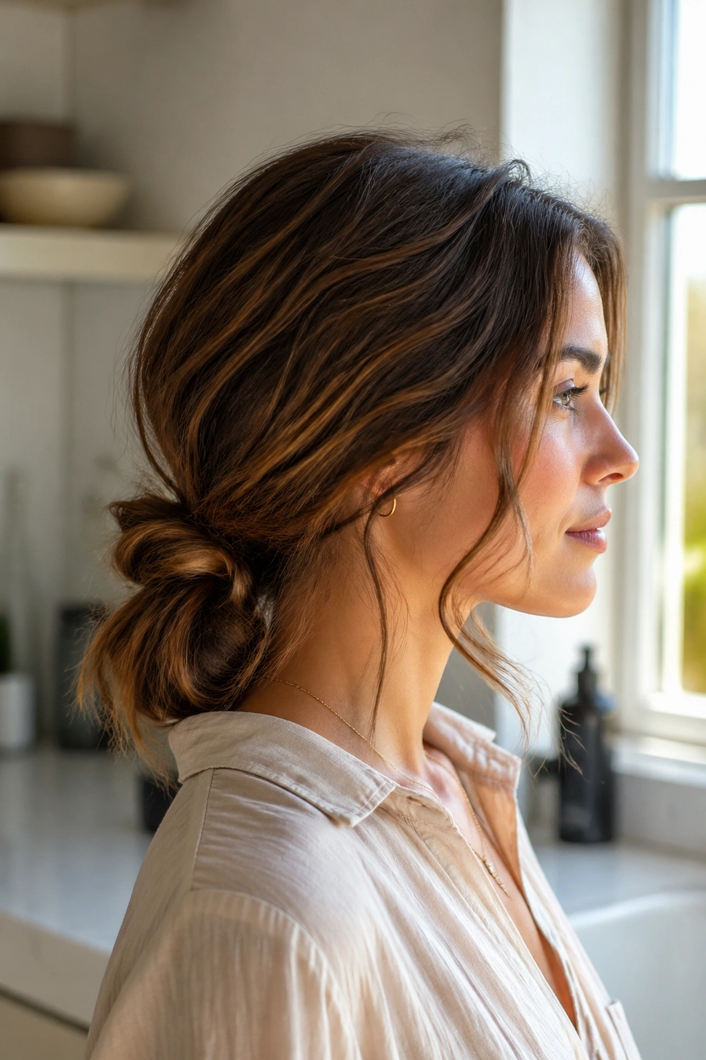 Close-up of a real woman with a knotted pony updo and shoulder-length waves