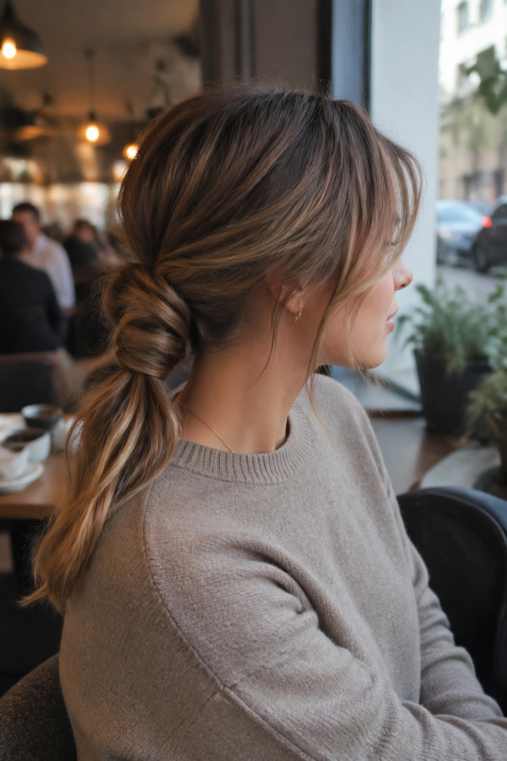 Side profile of knotted low ponytail in warm cafe setting.