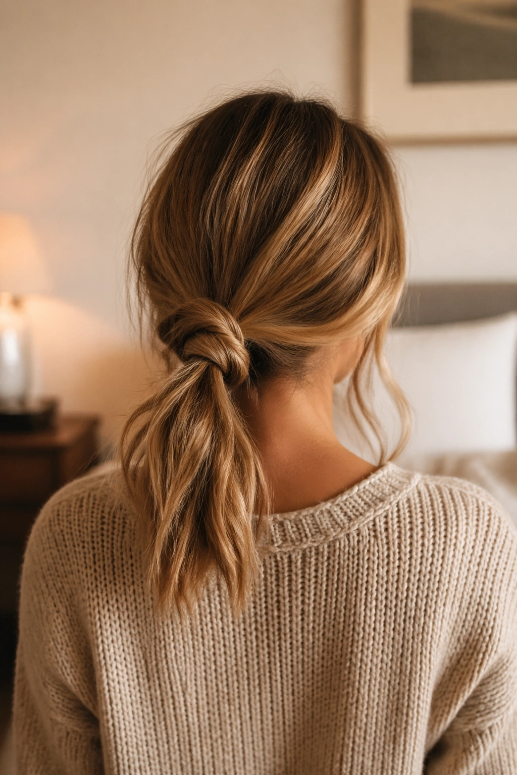 Back-view portrait of a real person with a knotted low ponytail at the nape