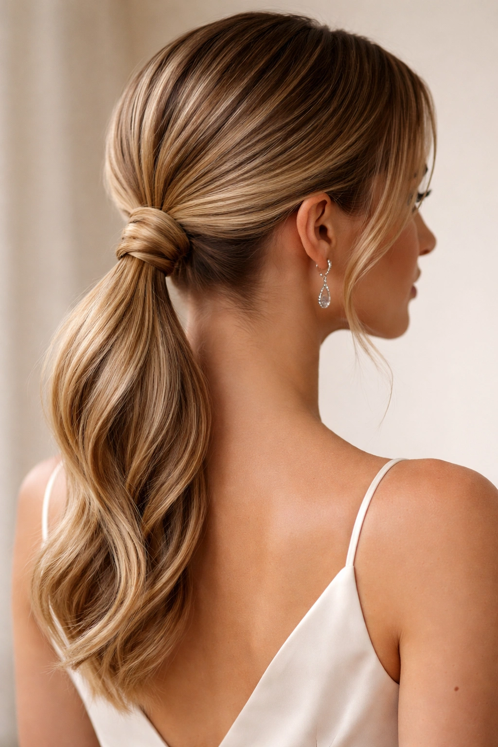 Knotted ponytail with a compact knot at the base and sleek surrounding hair.