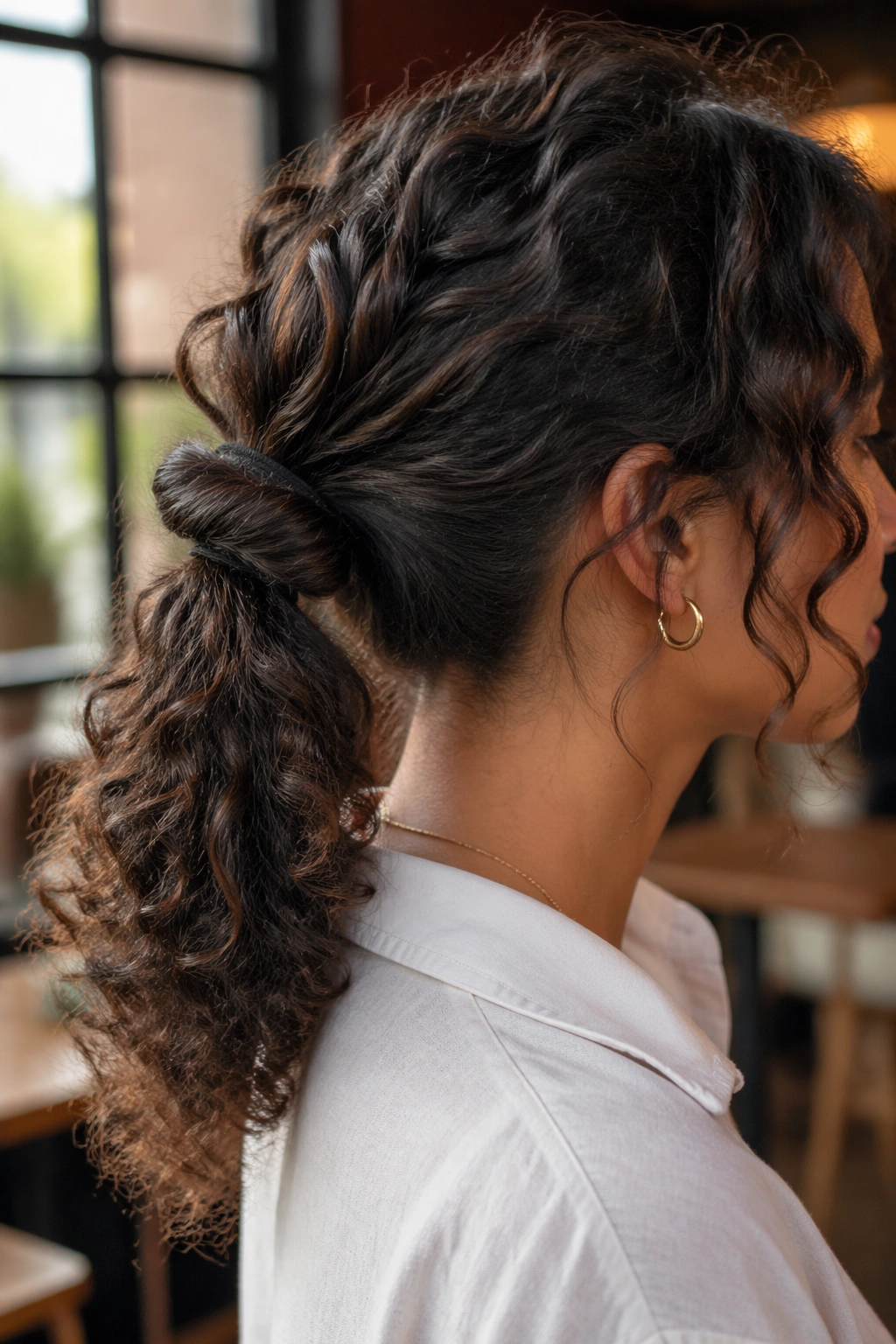 Real woman with a loose knot ponytail and curls at a cafe window light