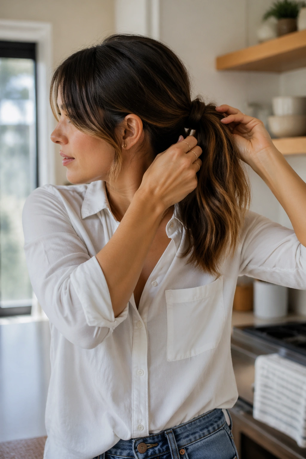 Knotted ponytail with curtain bangs in kitchen candid.