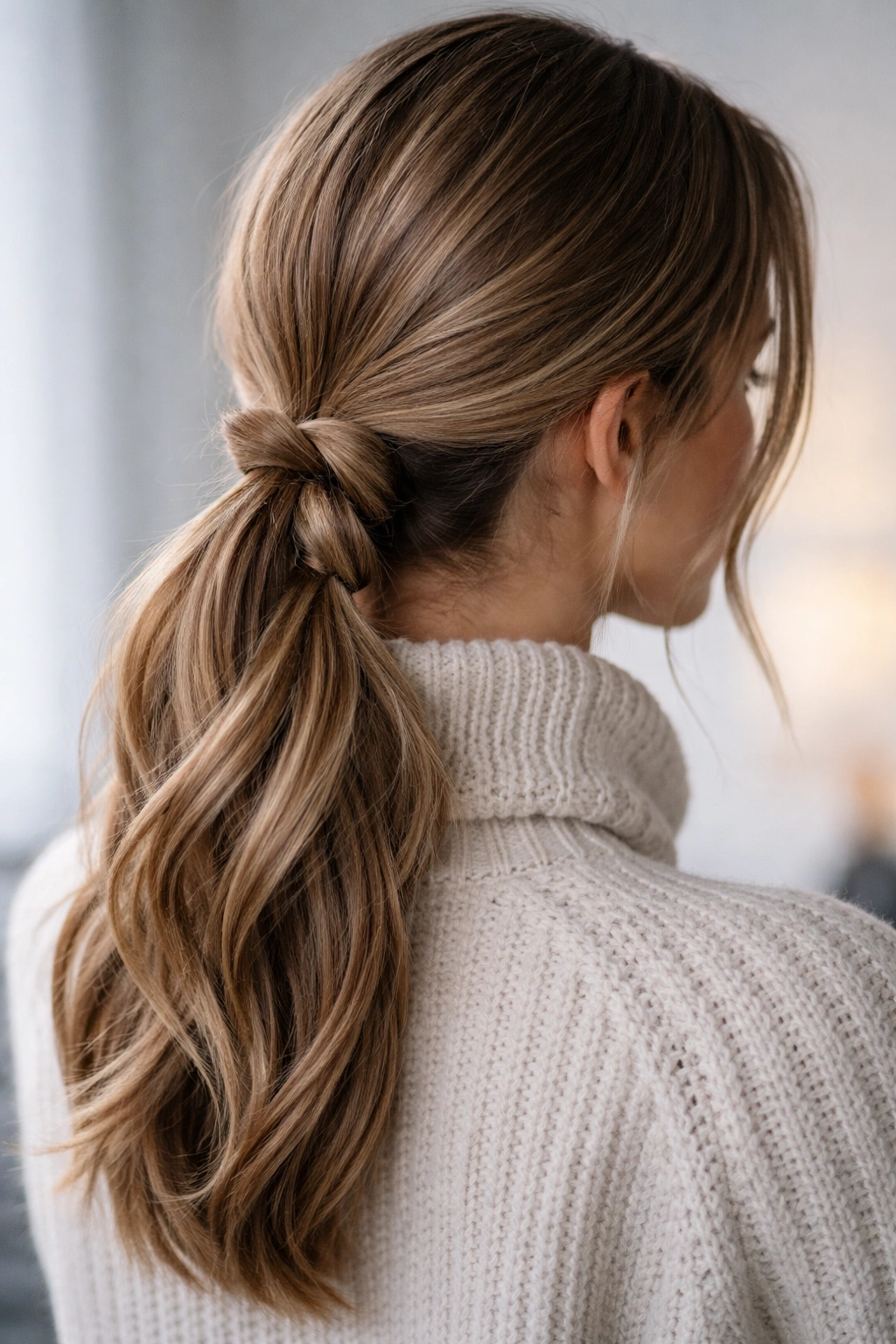 Side view of a knotted ponytail with two loose knots and secure elastic
