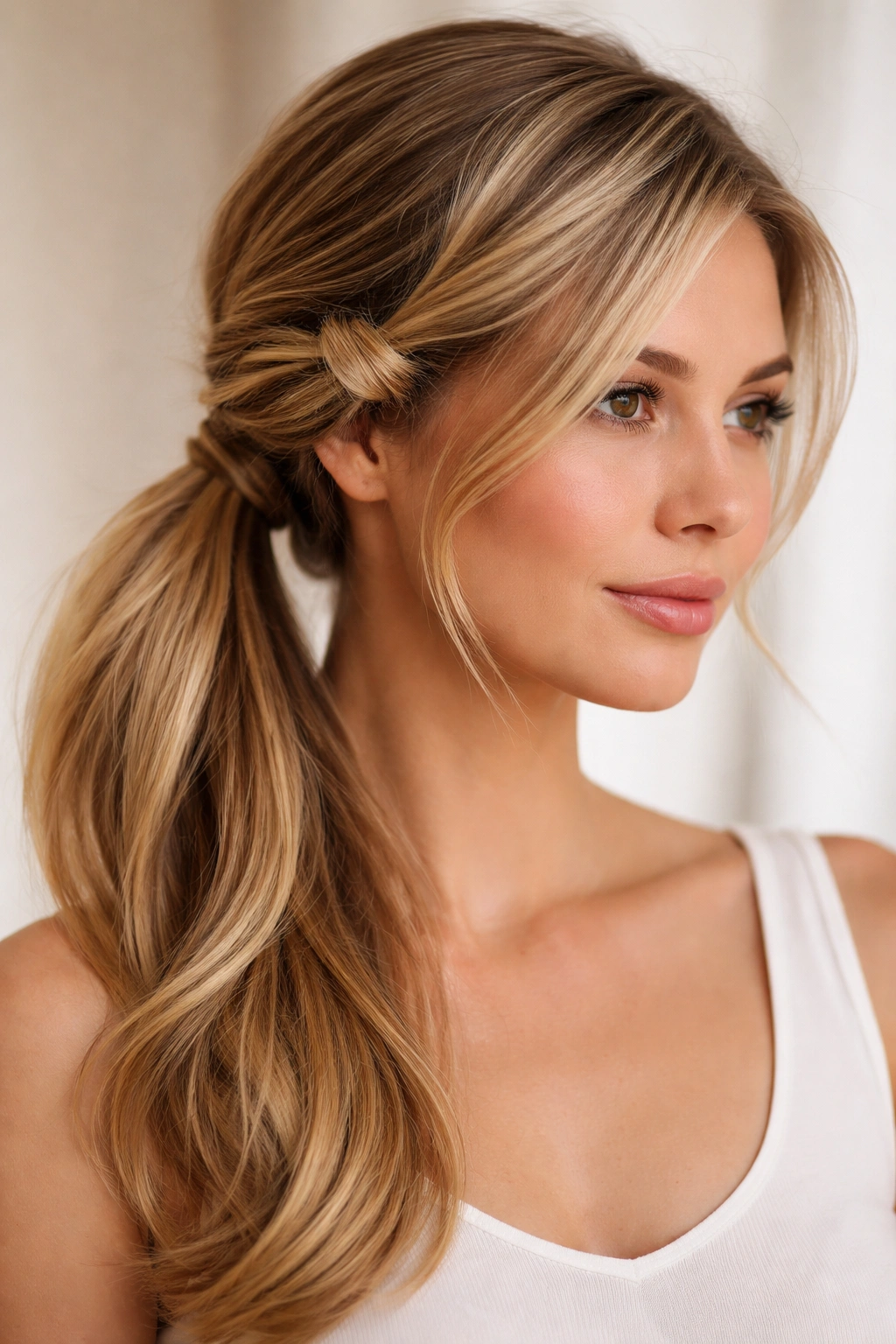 Knotted front sections forming a side ponytail