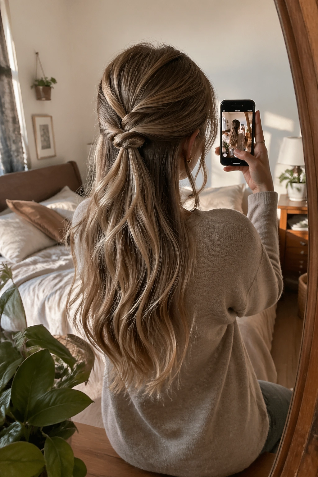 Over-the-shoulder candid mirror selfie of knotted half up ponytail