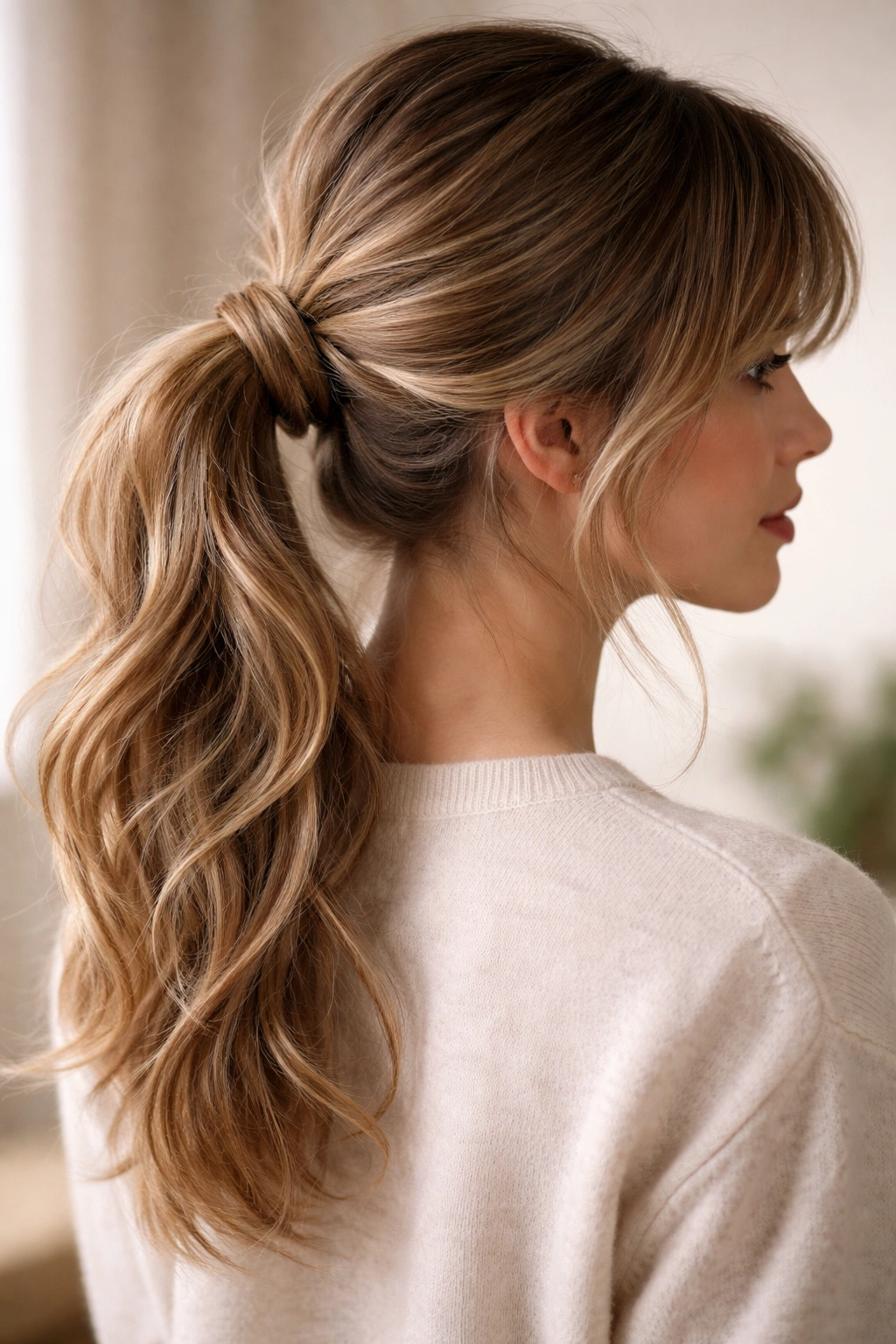 Knotted ponytail on layered medium hair with bangs