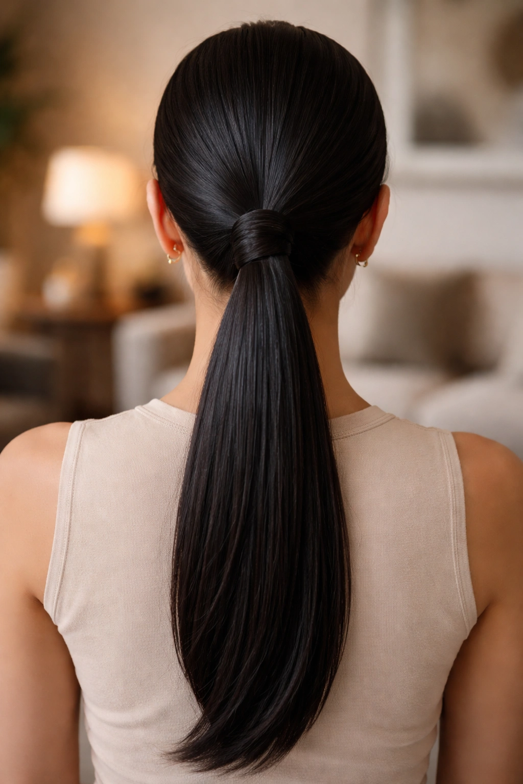 Back view of a real woman showing a knotted ponytail at the mid-nape.