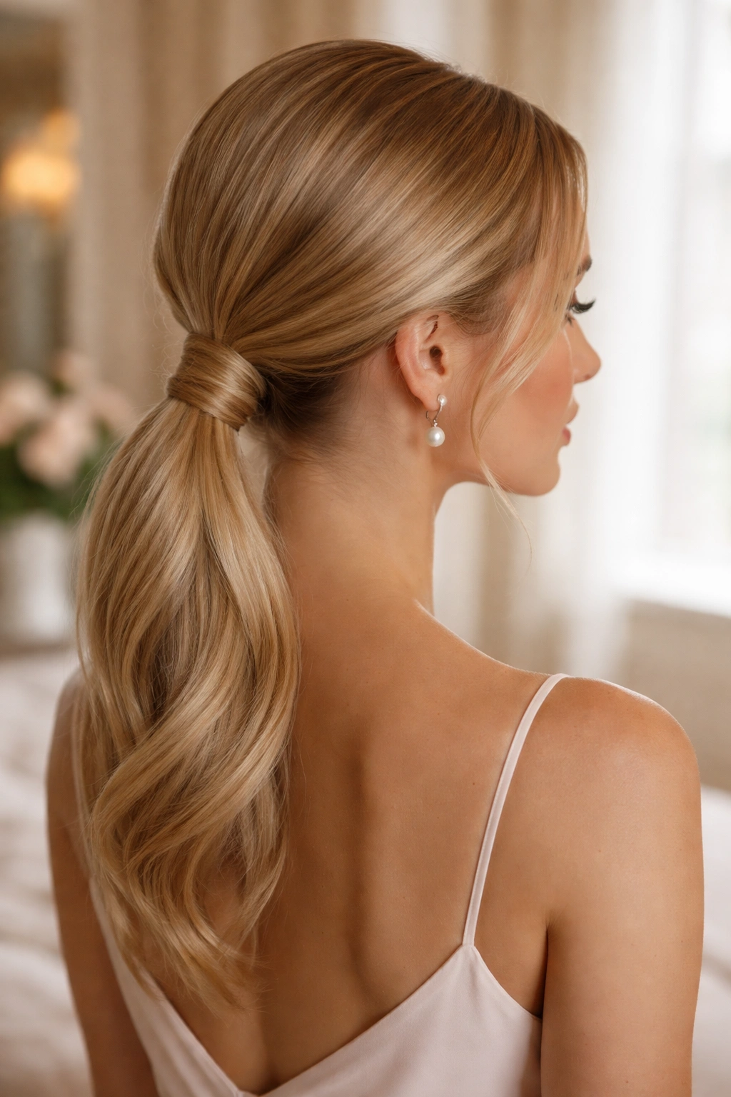 Close-up of a real woman with a knotted low ponytail at the nape of the neck.