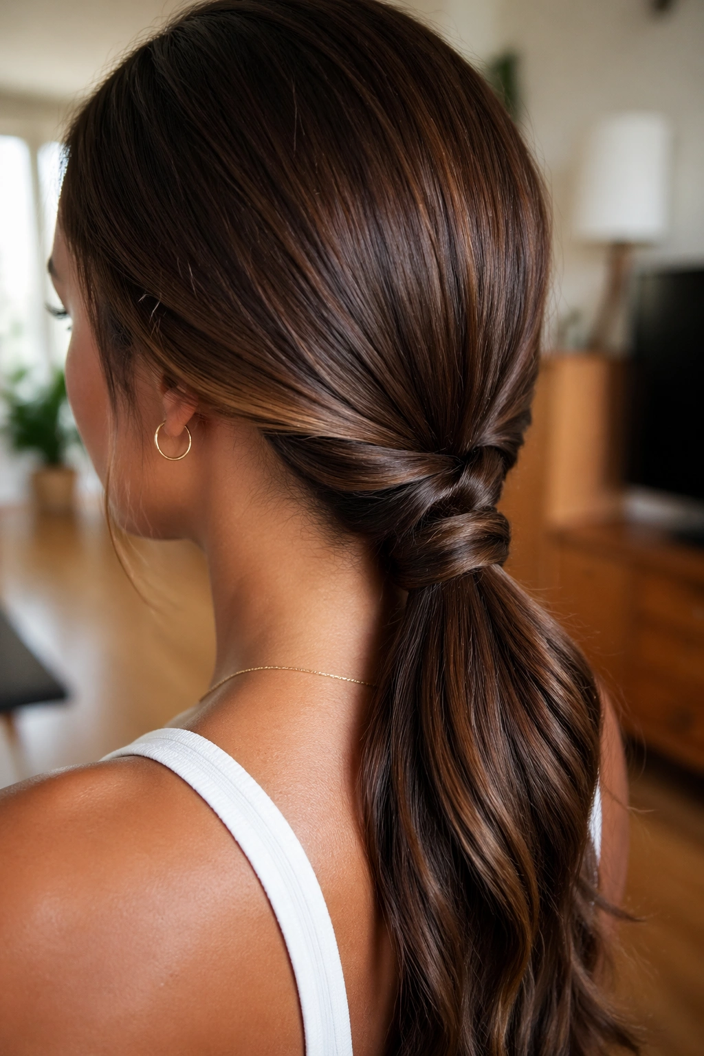 Back-of-head portrait showing a knotted low ponytail at the nape