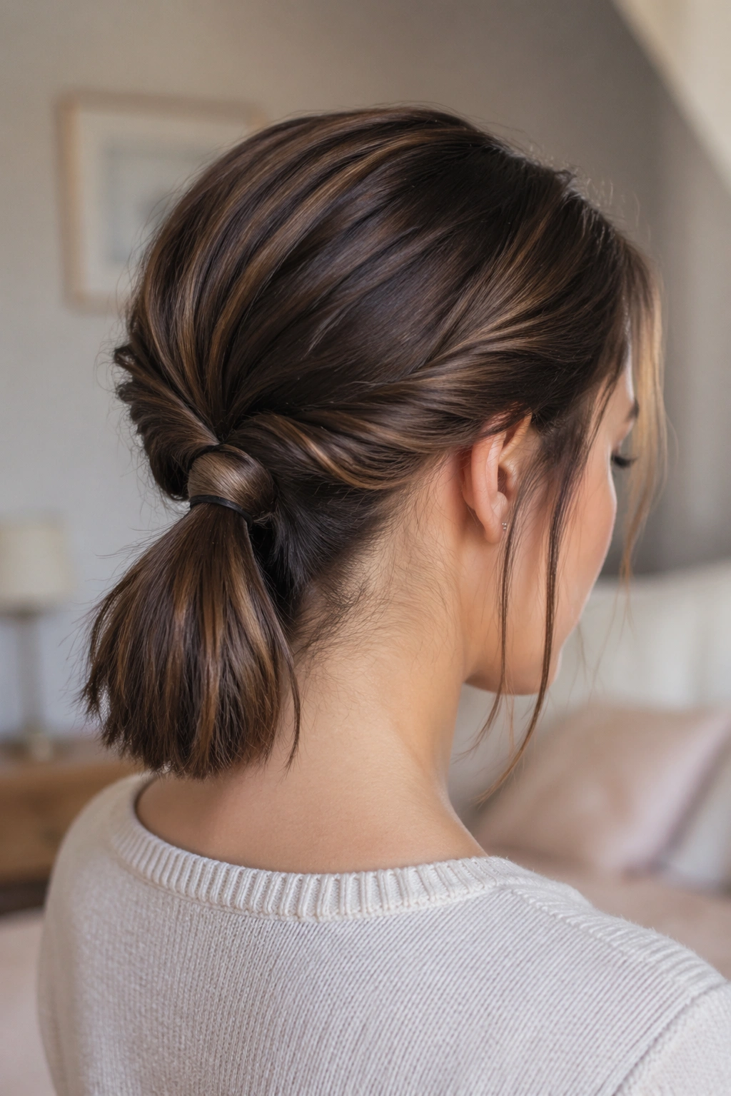 Close-up of knotted ponytail on a real woman with knot at back and small ponytail underneath