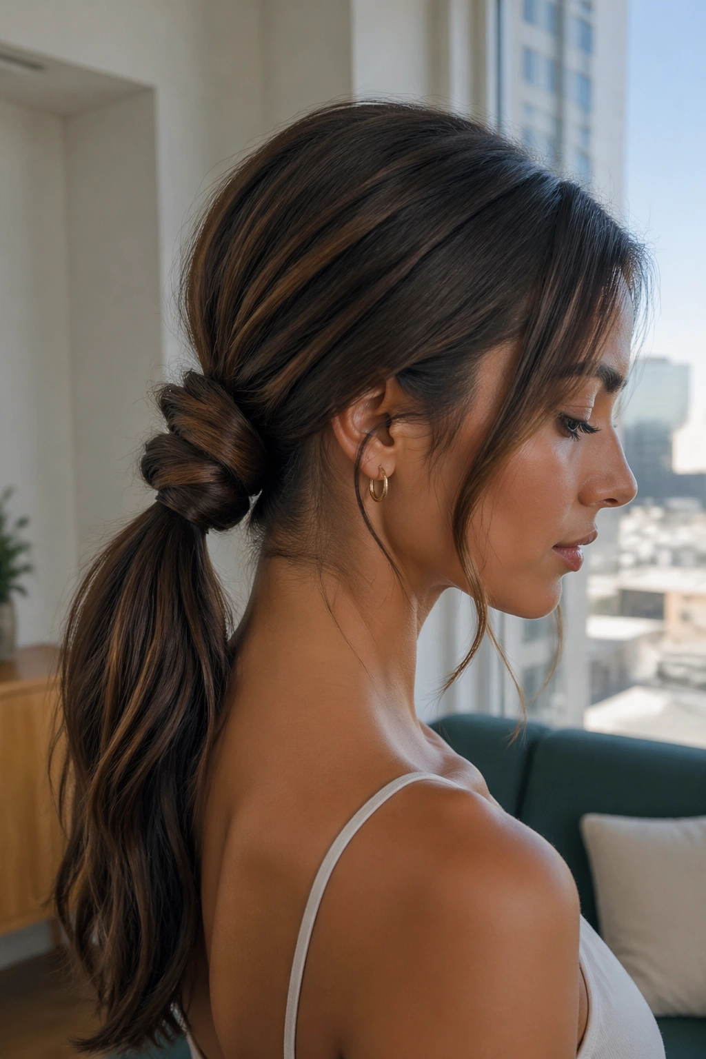 Real woman with knotted ponytail at the base.