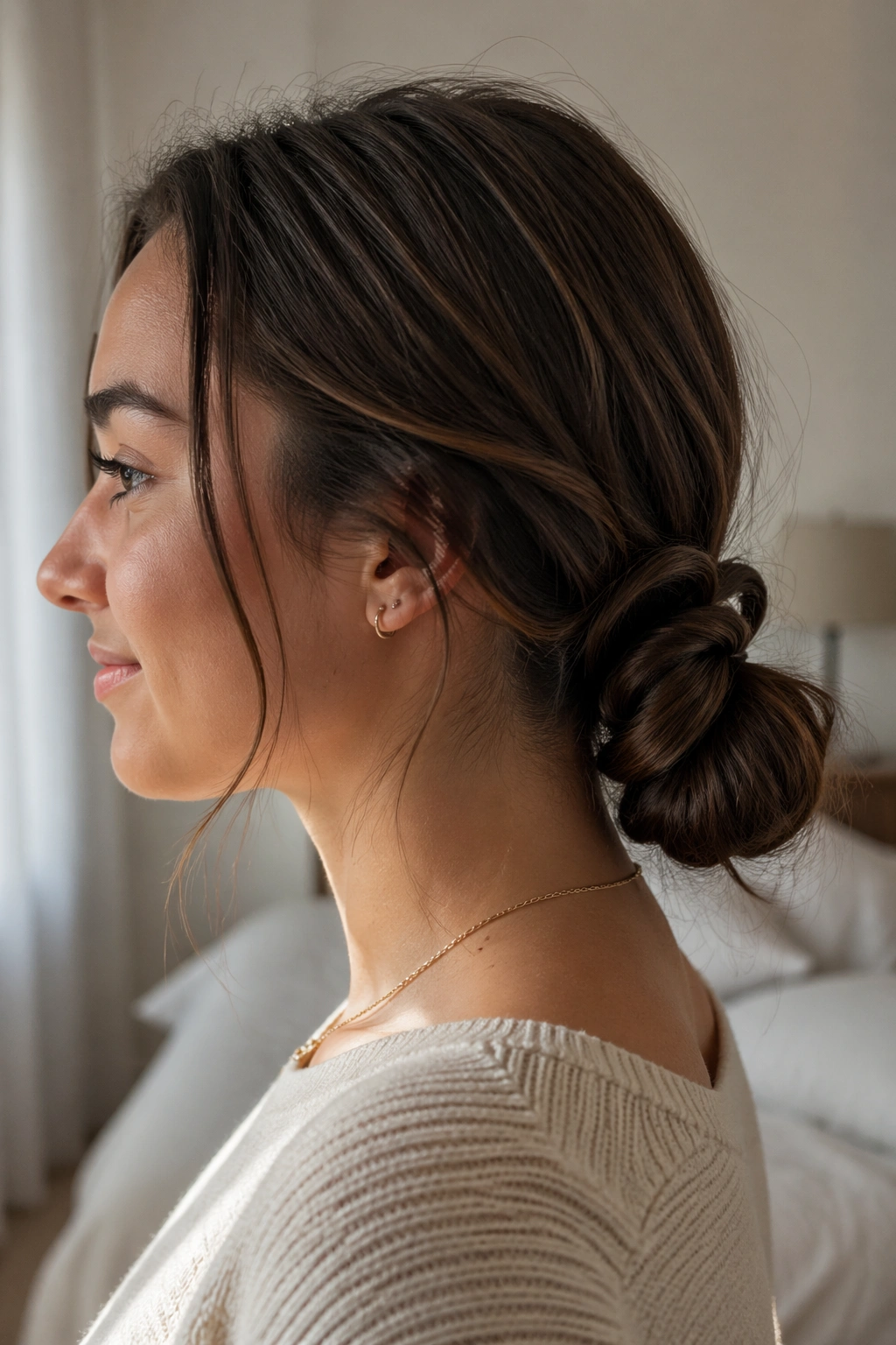 Teen girl with knotted low ponytail at nape in soft window light