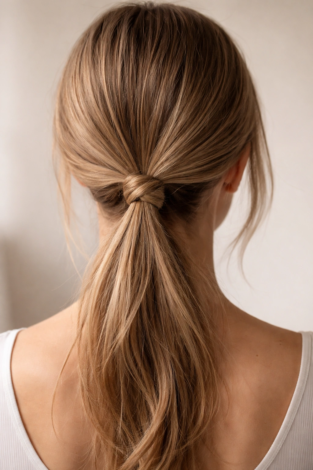 Knotted ponytail with two side strands tied into a knot at the base
