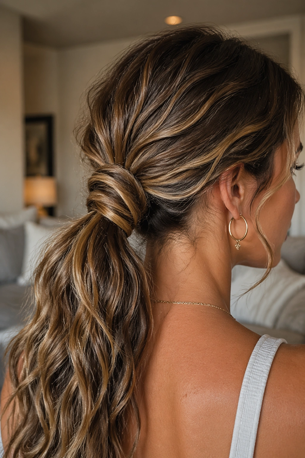 Close-up of a real woman with a knotted ponytail and soft waves