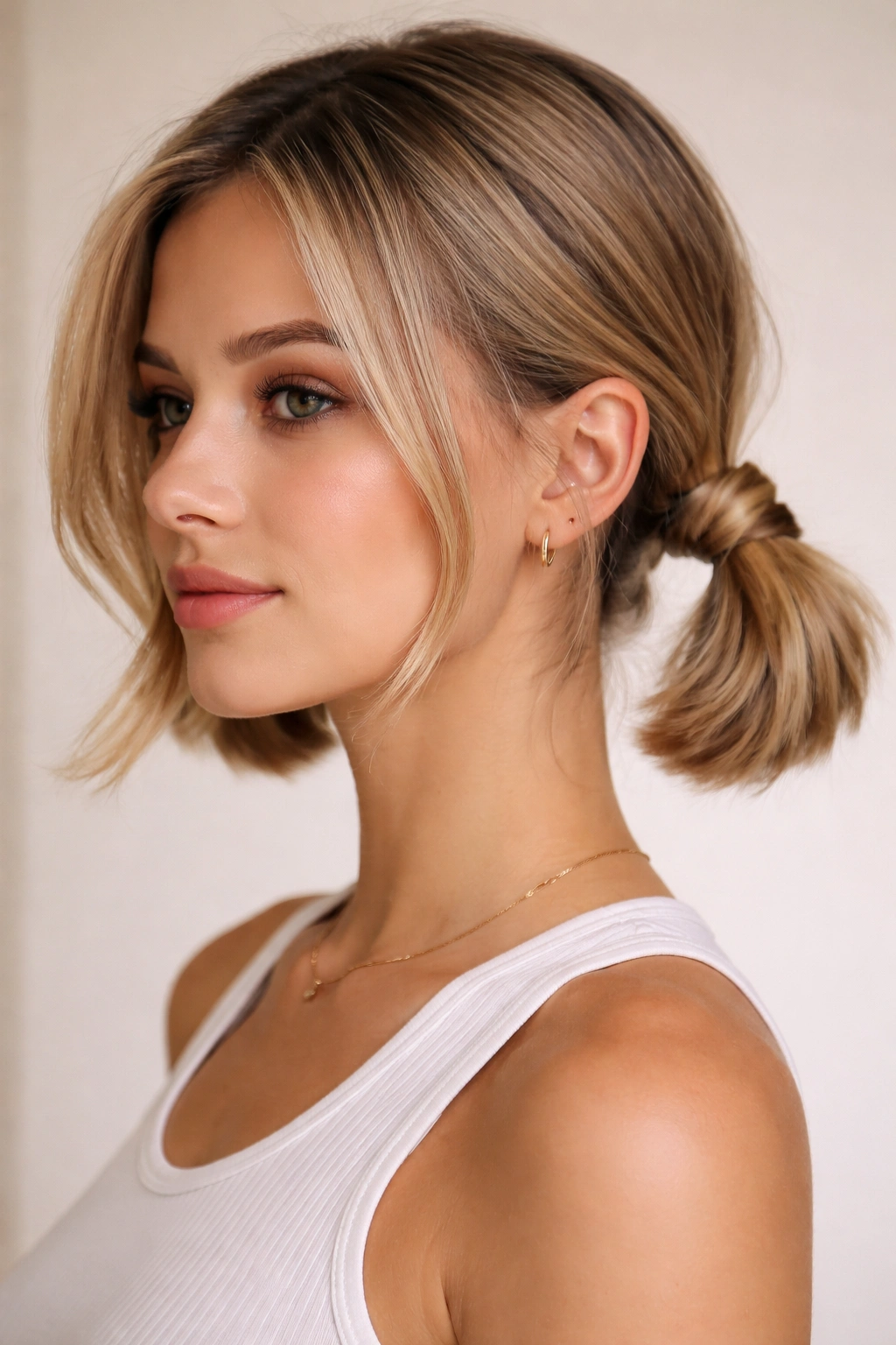 Front/side view of knotted sections forming two small knots near the base of short hair