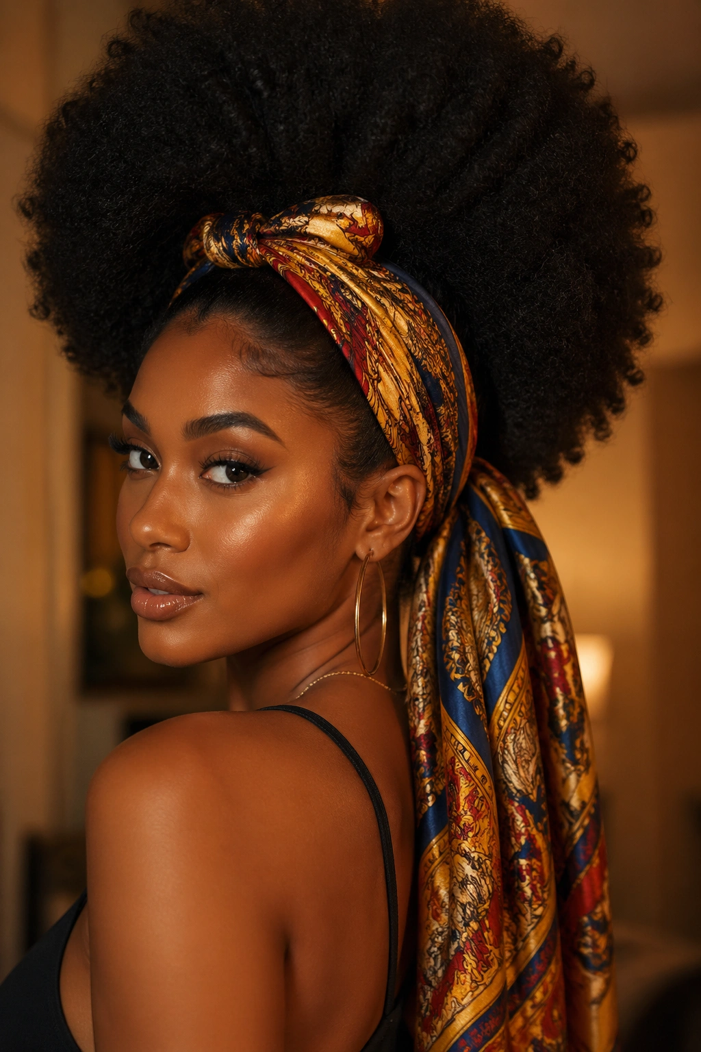 Portrait of a person wearing a knotted scarf with tails down behind Afro.