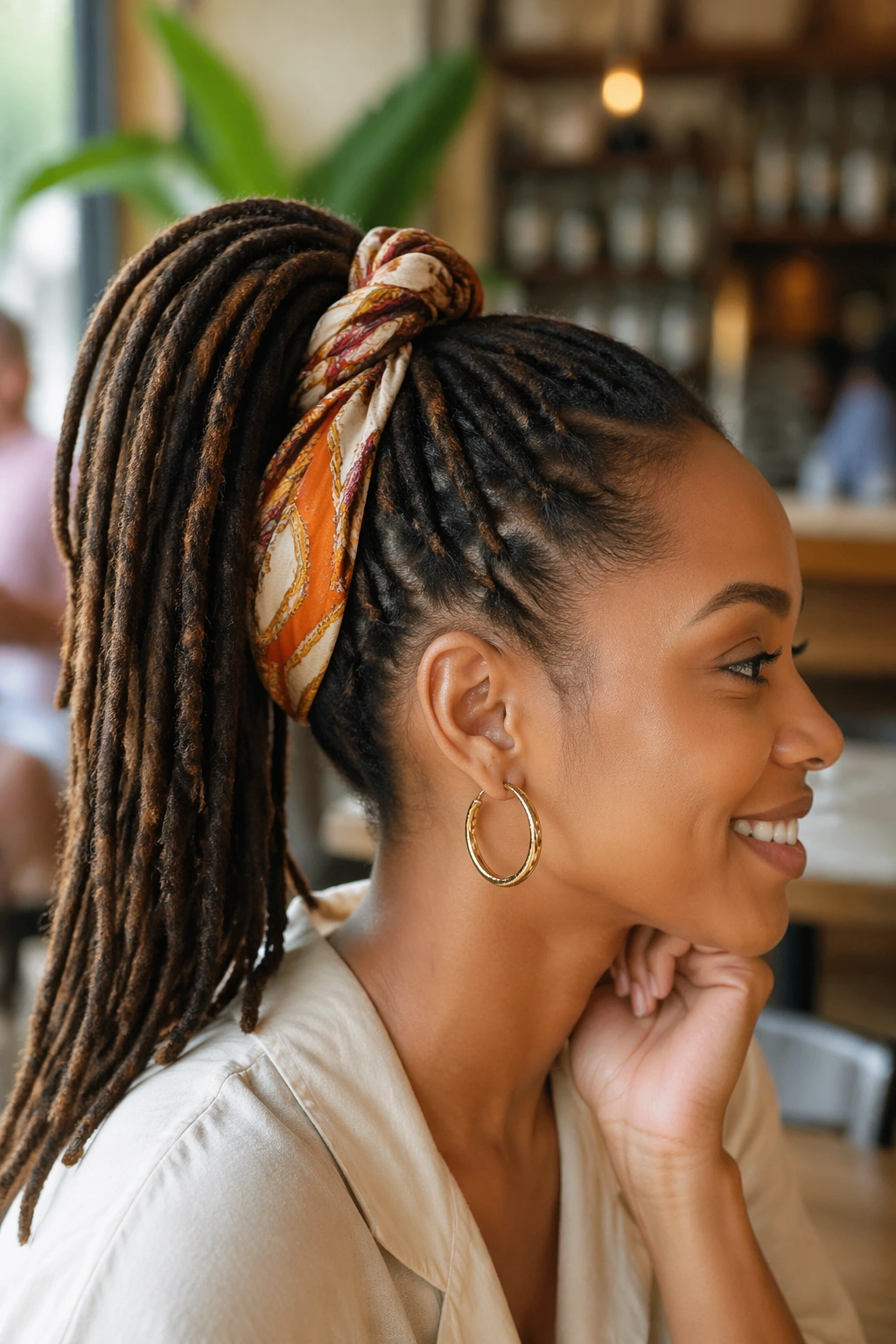Close-up of real person wearing a Knotted Scarf Ponytail with scarf knot at base
