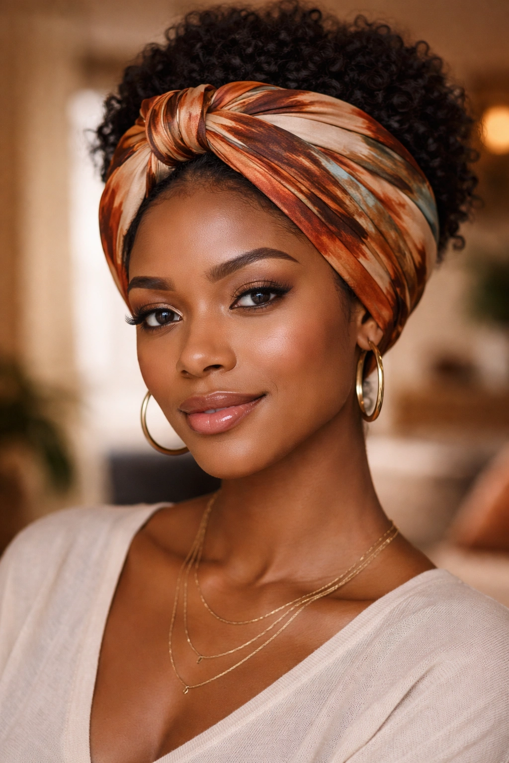 Portrait of a person wearing a knotted scarf turban that covers the crown.