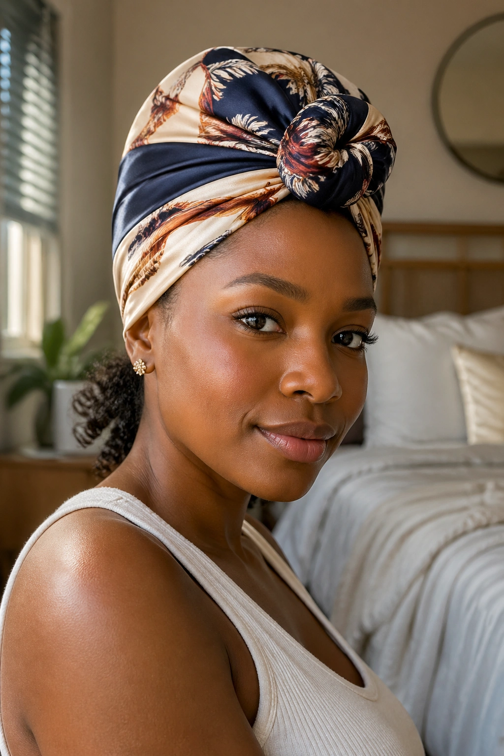 Close-up of a real person wearing a silk scarf turban with a front knot
