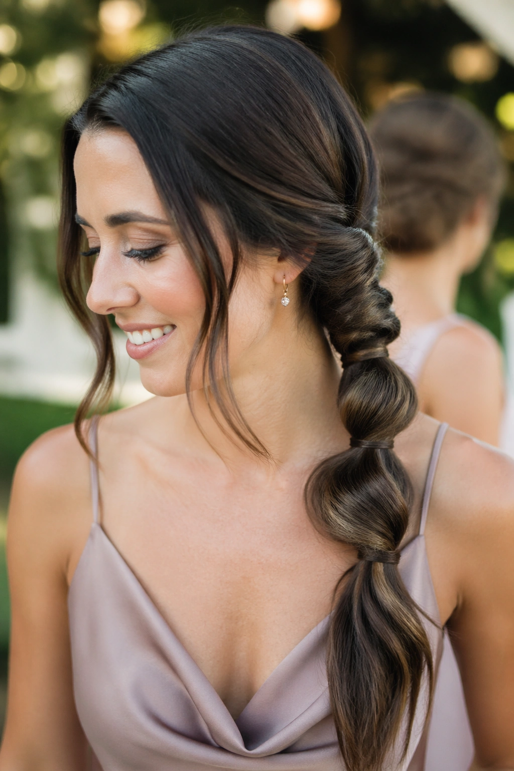 Close-up of a real person with a knotted side ponytail in natural outdoor light.
