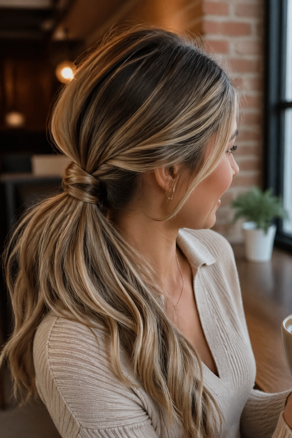 Close-up of a real woman with knotted swoop tucked into ponytail
