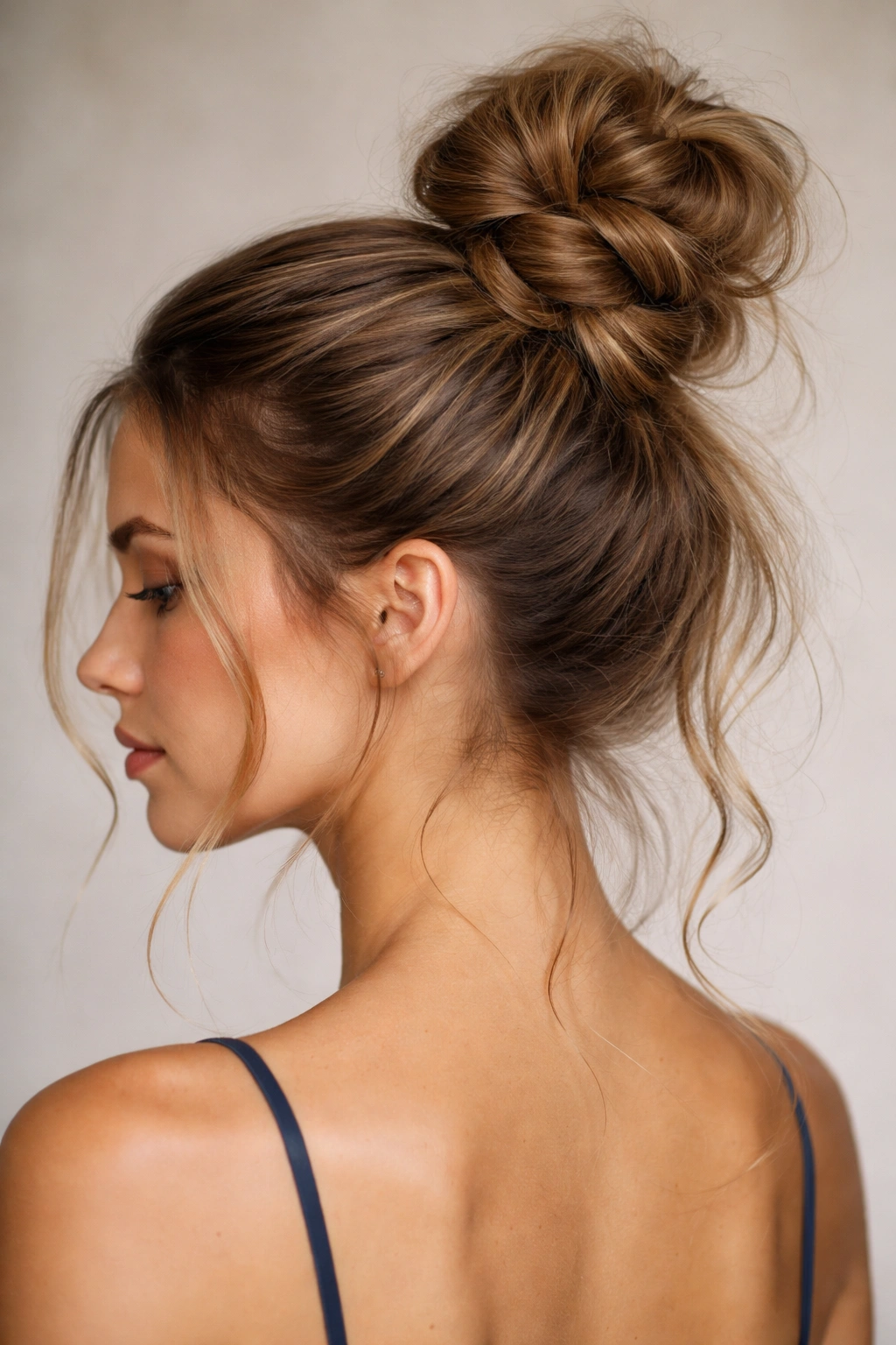 Close-up of a knotted top-knot formed from a high ponytail