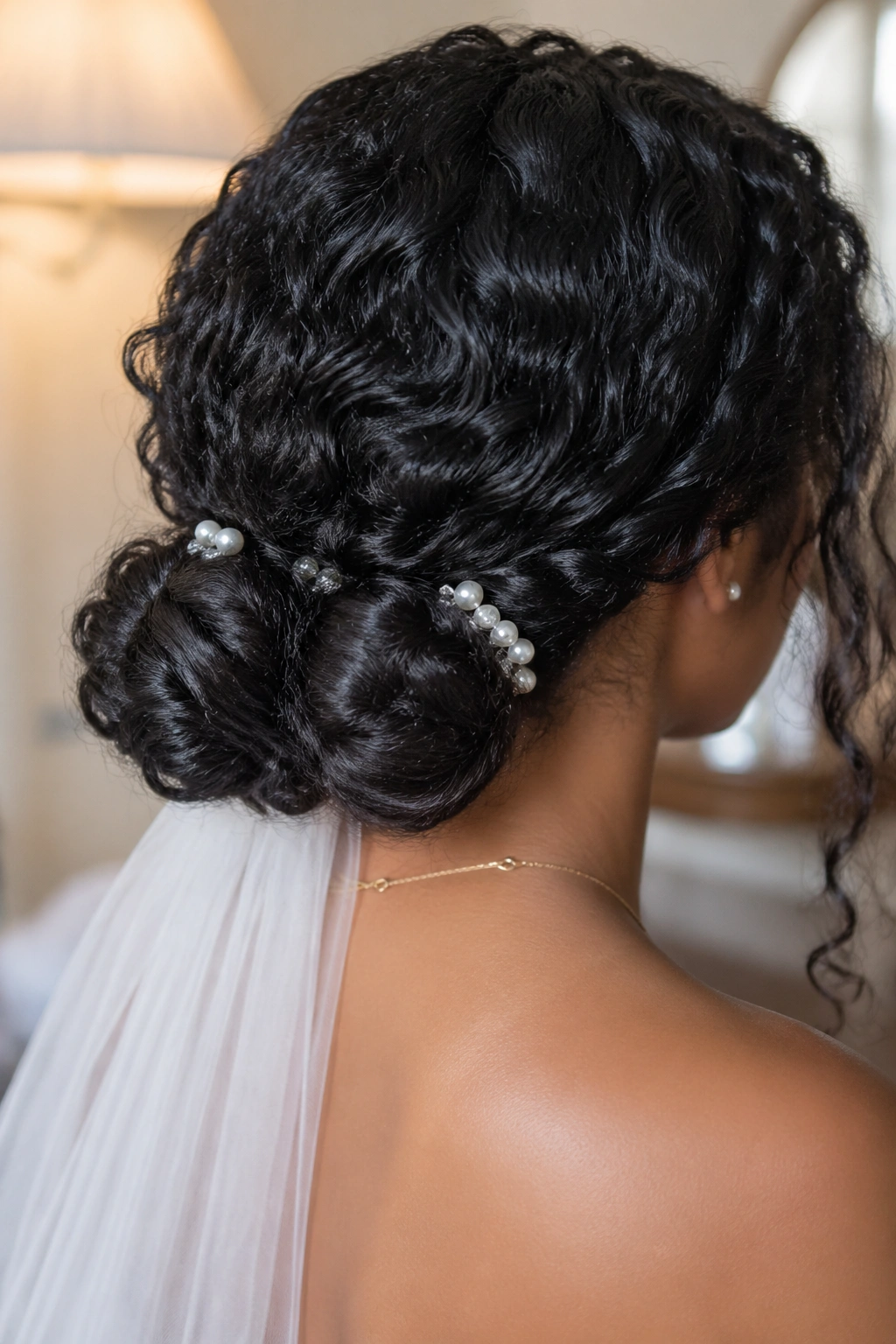 Close-up of a real bride with a low-nape knotted updo