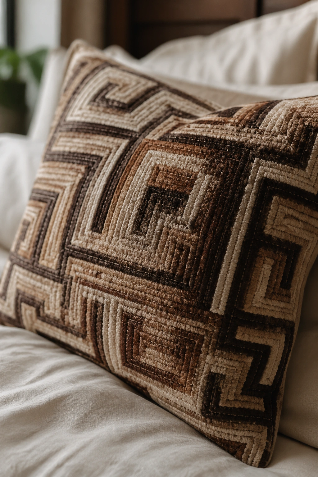 Close-up Kuba cloth pillow texture with geometric patterns