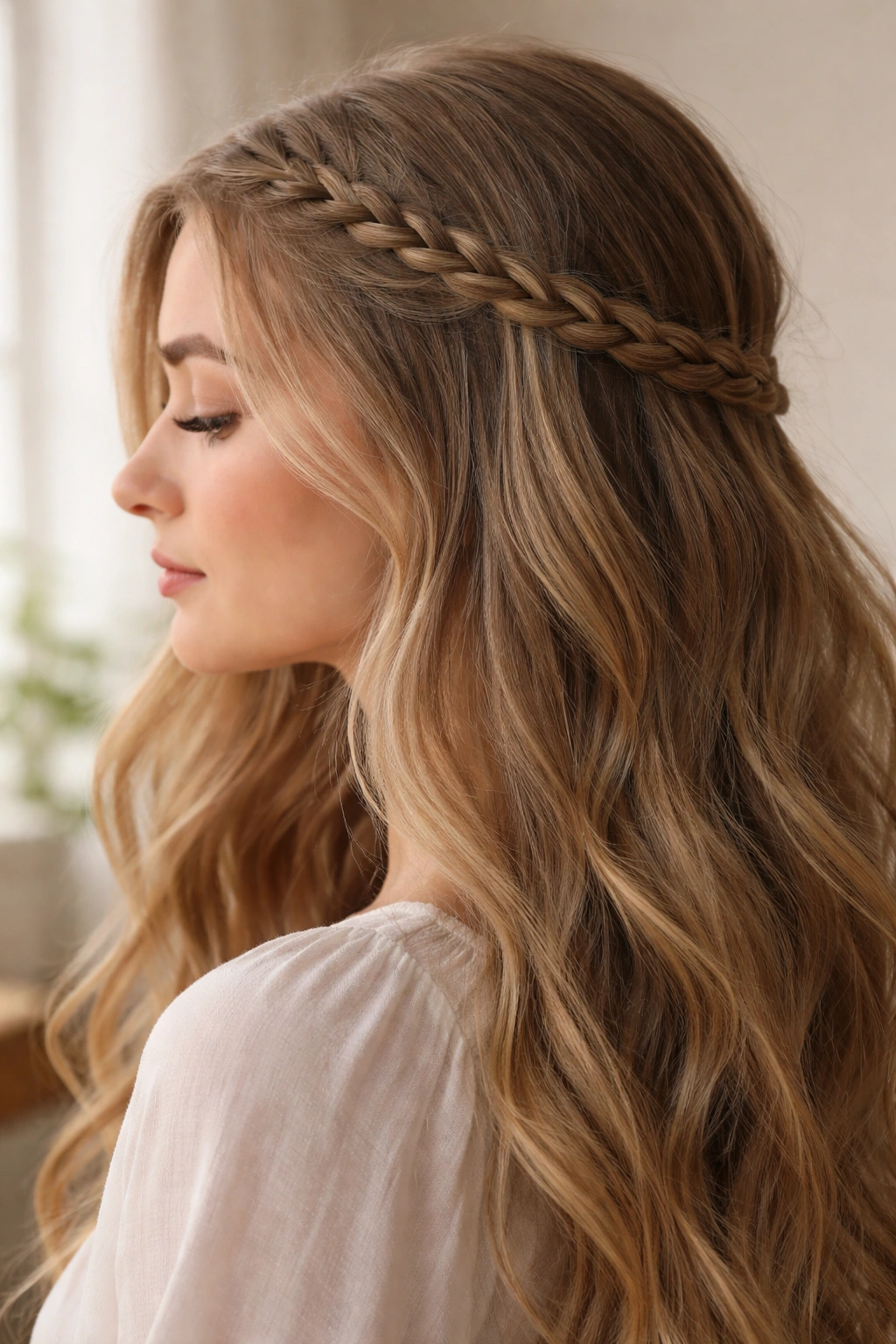 Lace braid accent along the hairline