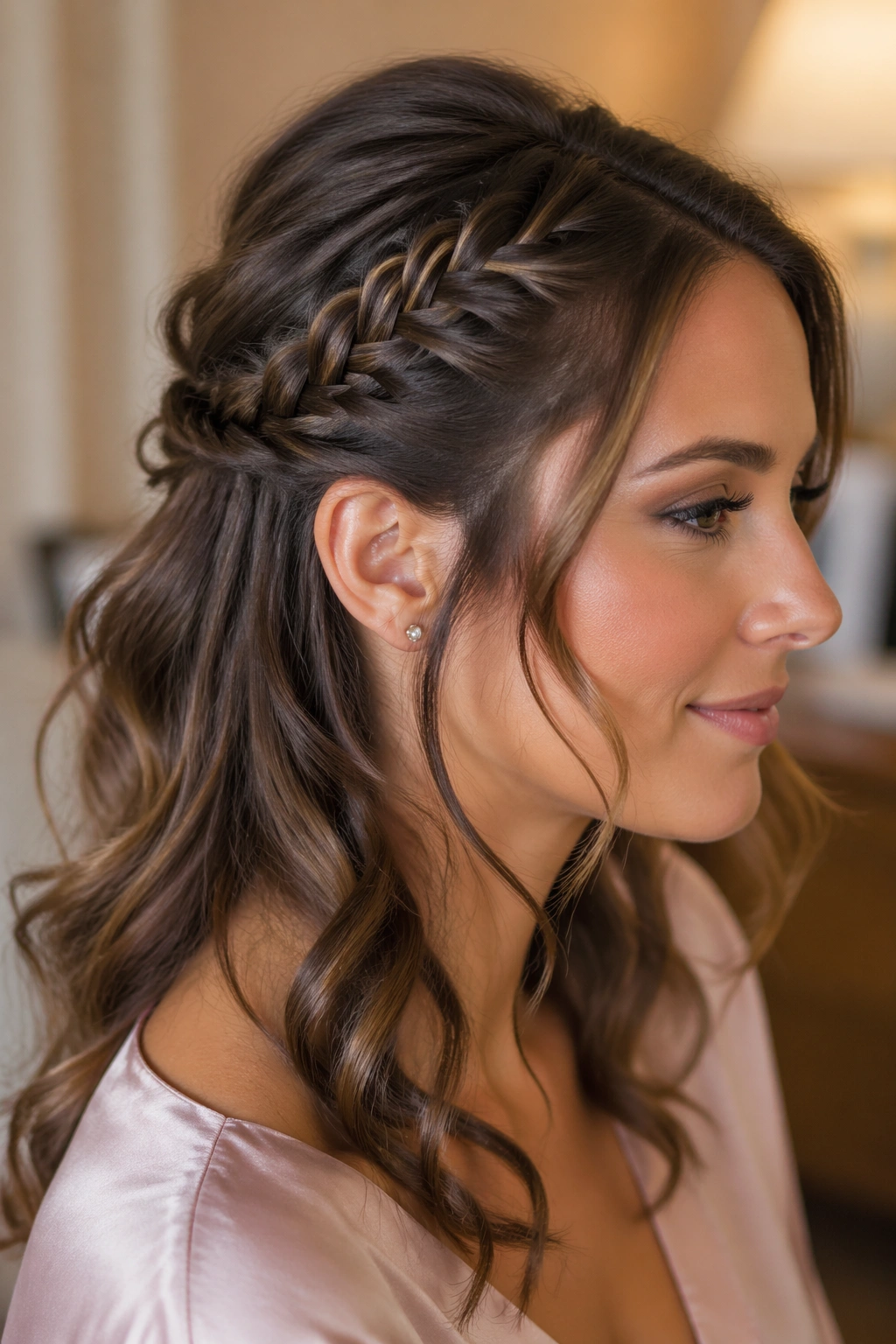 Close-up of a real woman's head with a lace braid and curls