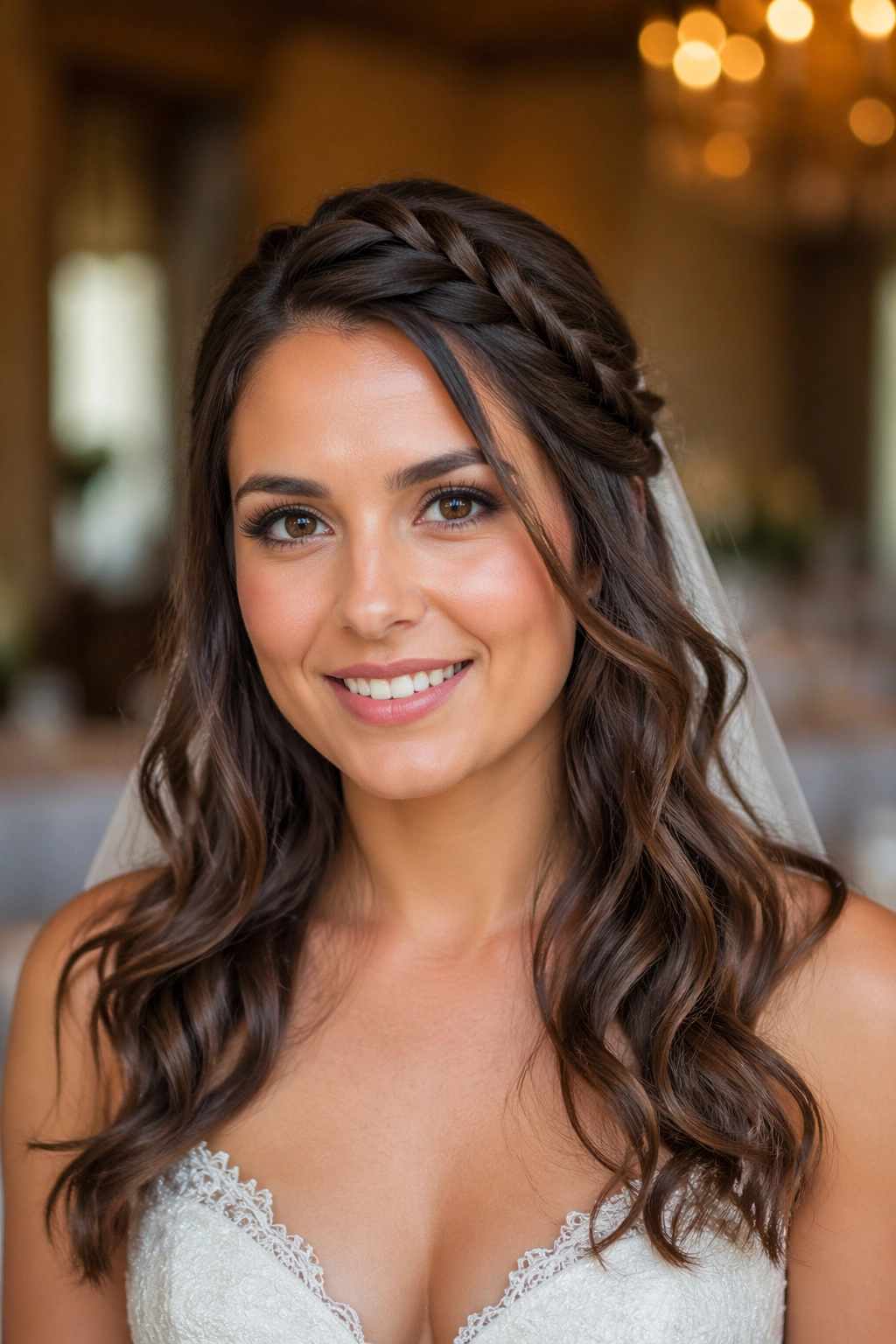 Bride wearing lace braid half-up with soft ends