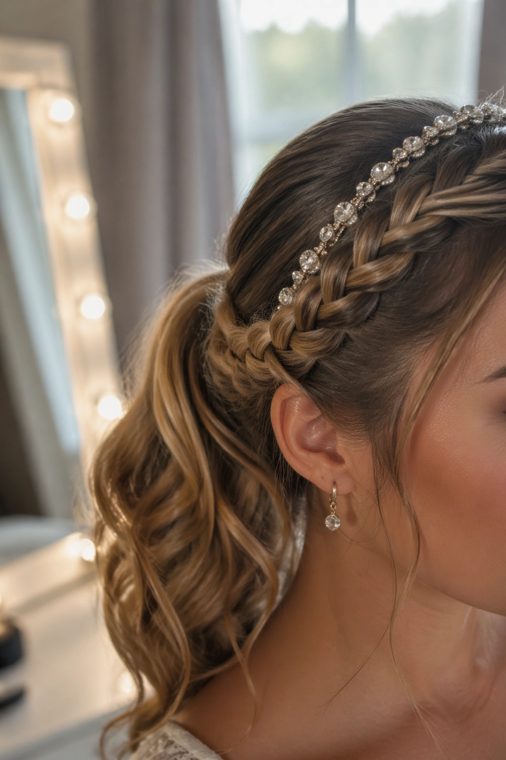 Close-up lace braid with jeweled headband in soft mirror light