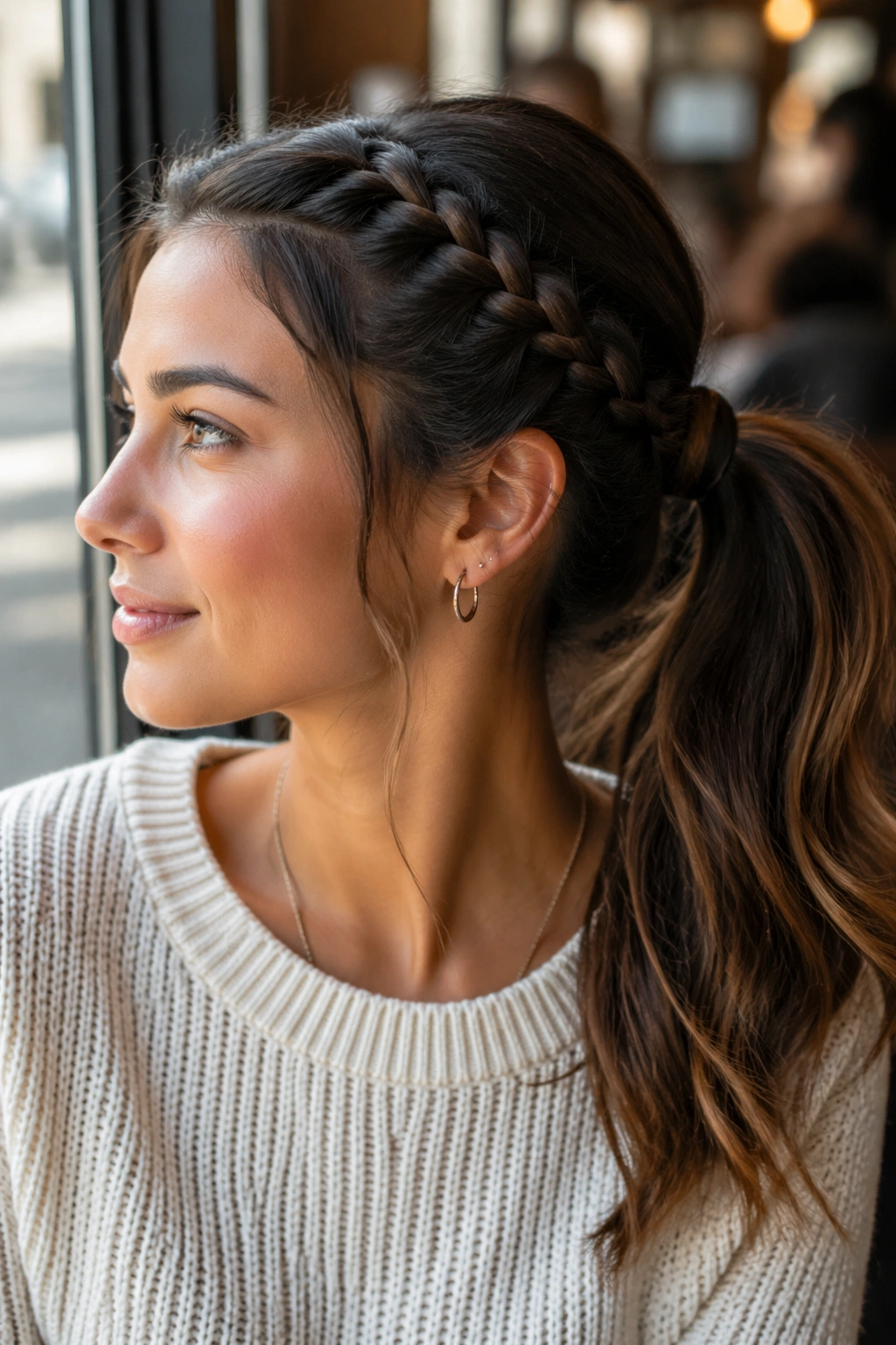 Close-up of a real woman with a lace braid feeding into a mid ponytail