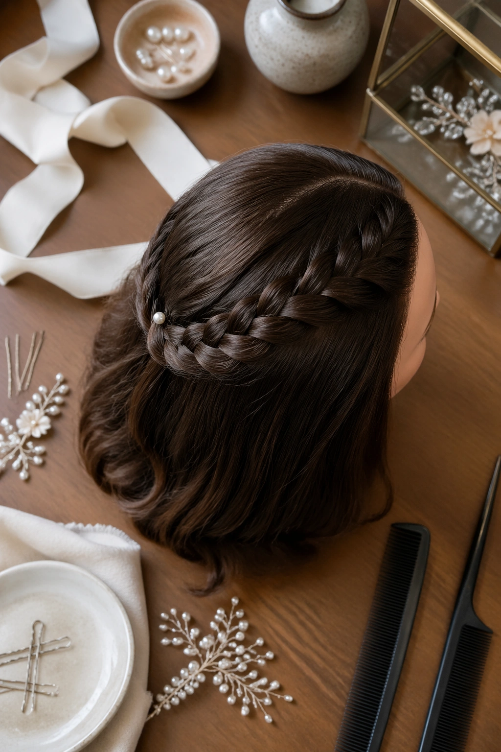 Lace braid with pearl pin flat lay