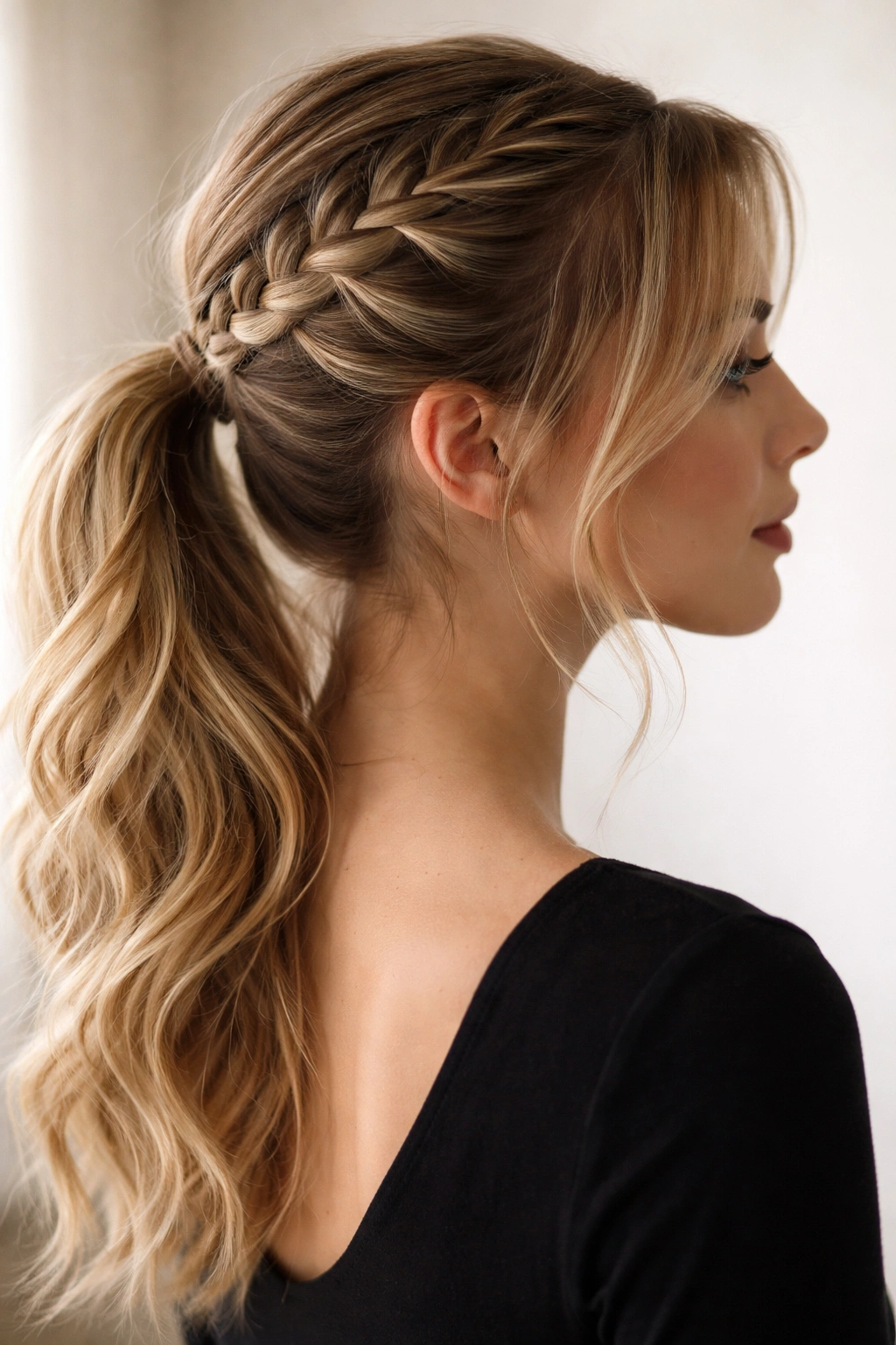 Diagonal lace braid across head into a ponytail.